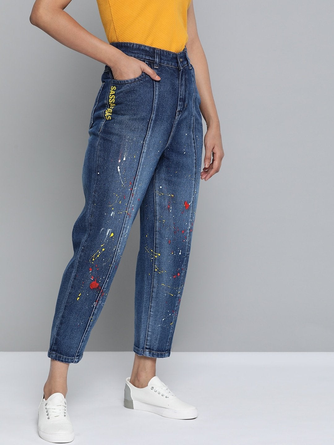 Women's Blue Paint Splatter Slouchy Jeans - SASSAFRAS