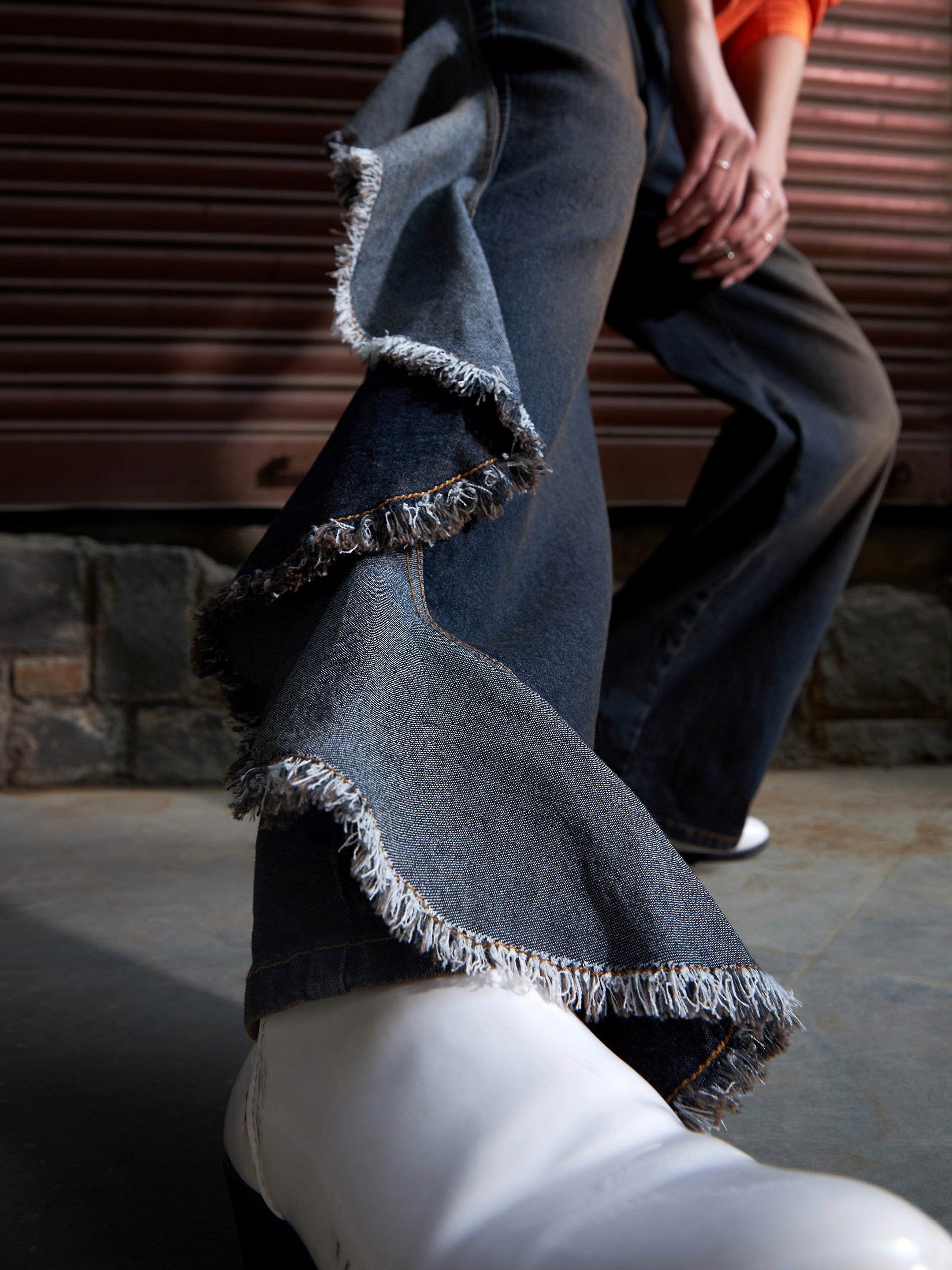 Women's Grey Denim Acid Wash Frill Straight Jeans - SASSAFRAS