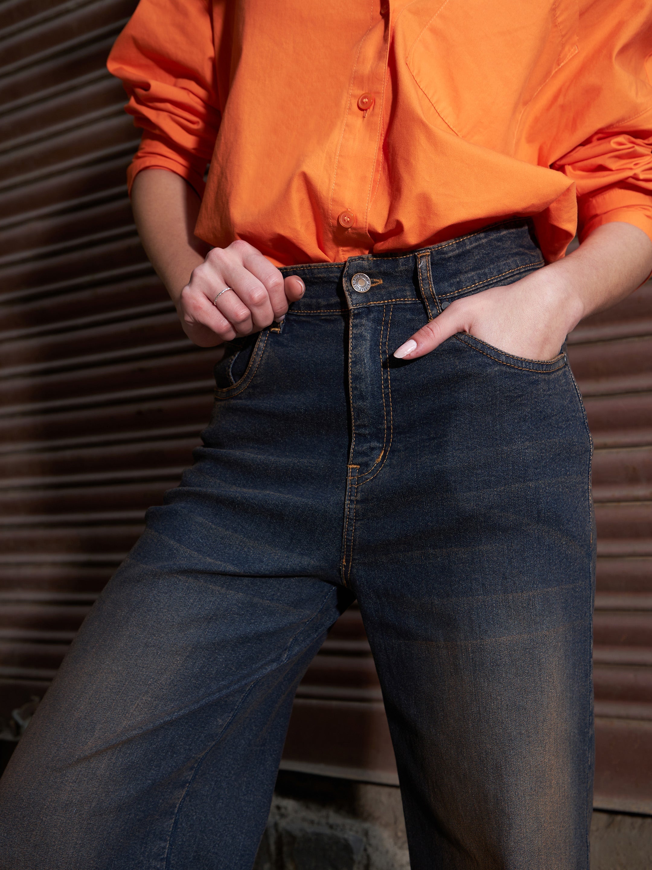 Women's Grey Denim Acid Wash Frill Straight Jeans - SASSAFRAS