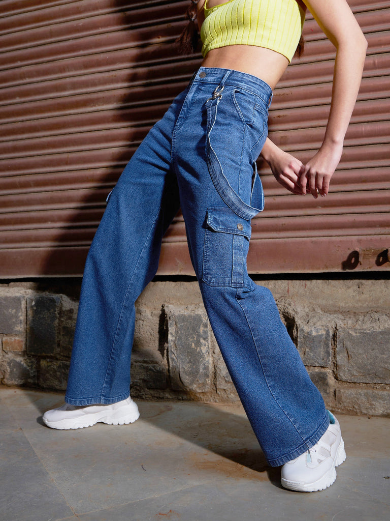 Women's Blue Denim Side Patch Pockets Jeans