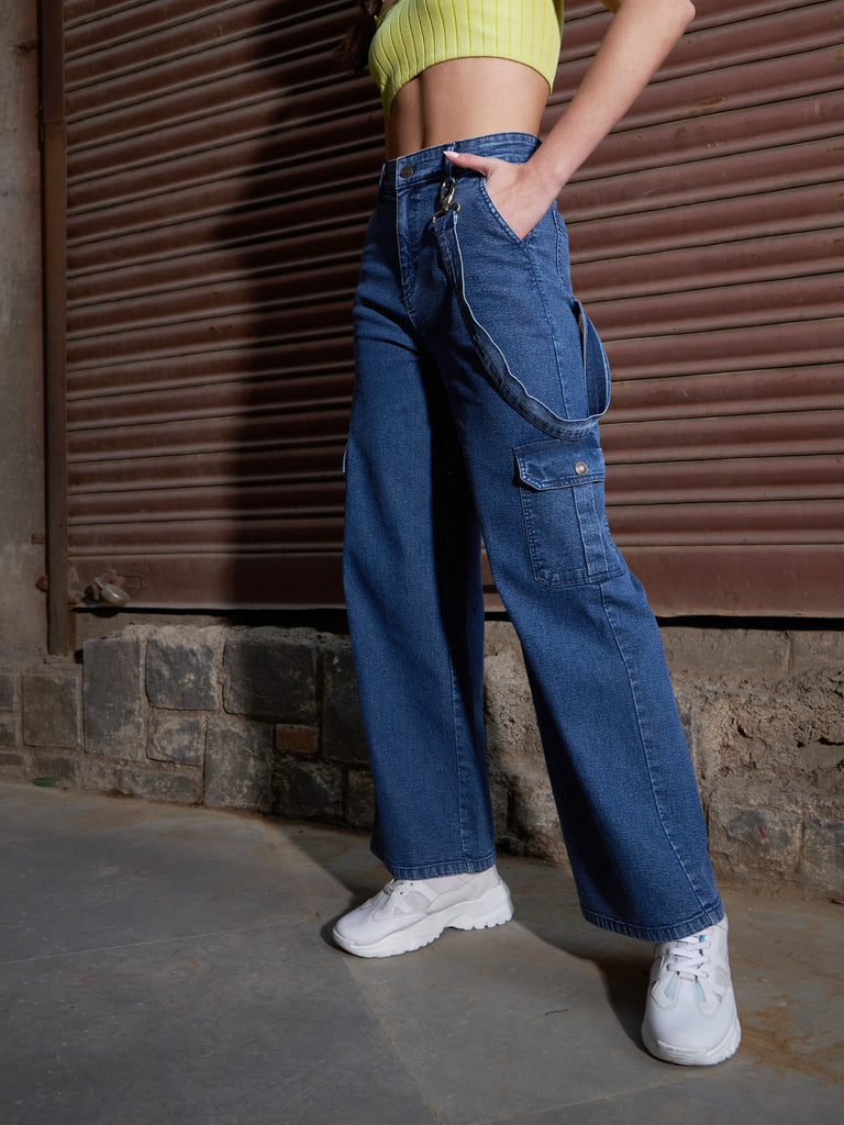 Women's Blue Denim Side Patch Pockets Jeans