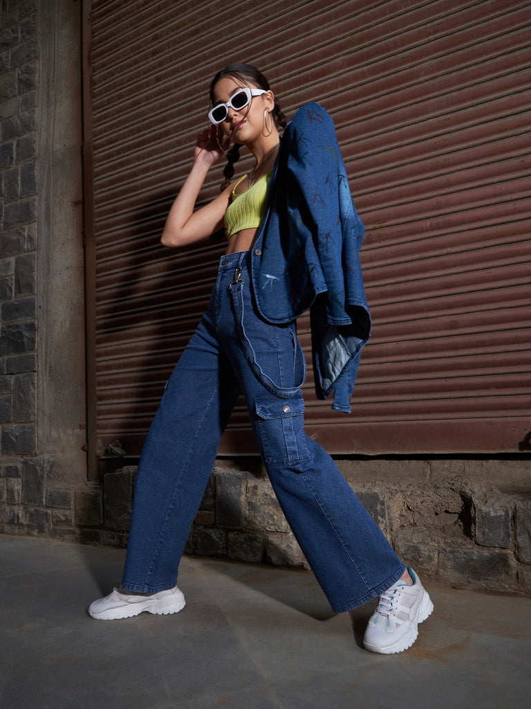 Women's Blue Denim Side Patch Pockets Jeans