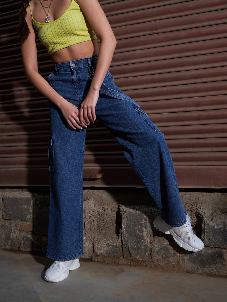 Women's Blue Denim Side Patch Pockets Jeans