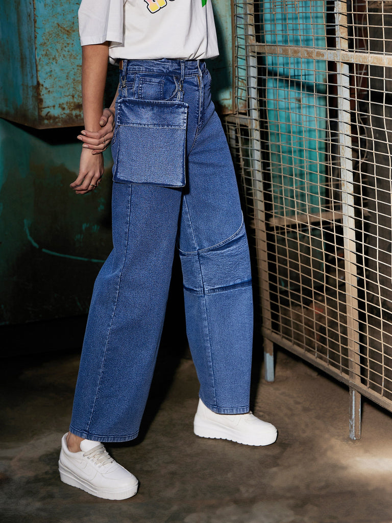Women's Blue Denim Pouch Pocket Straight Jeans