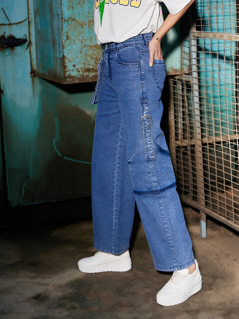 Women's Blue Denim Pouch Pocket Straight Jeans