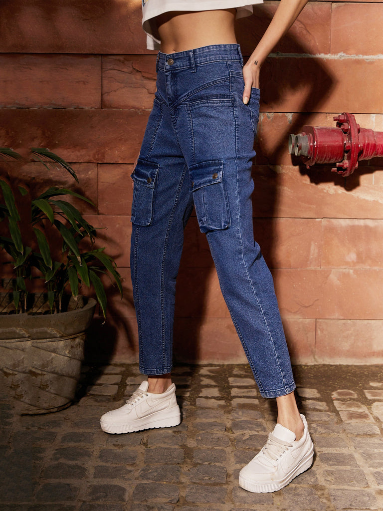 Women's Navy Denim Front Patch Pocket Jeans