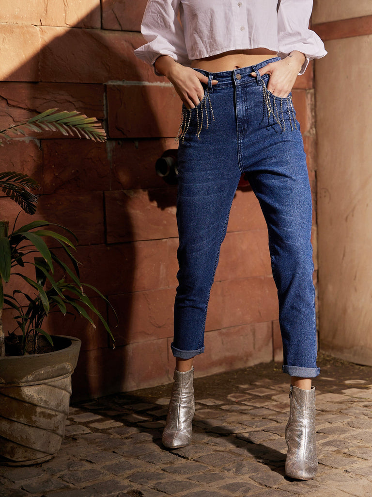 Women's Navy Diamante High Waist Skinny Fit Jeans