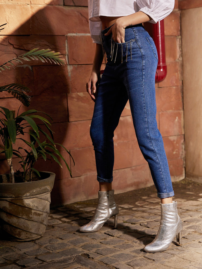Women's Navy Diamante High Waist Skinny Fit Jeans