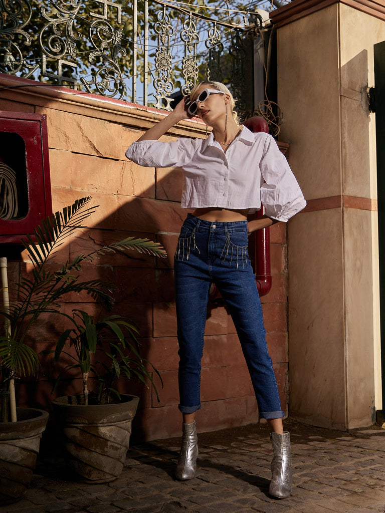 Women's Navy Diamante High Waist Skinny Fit Jeans