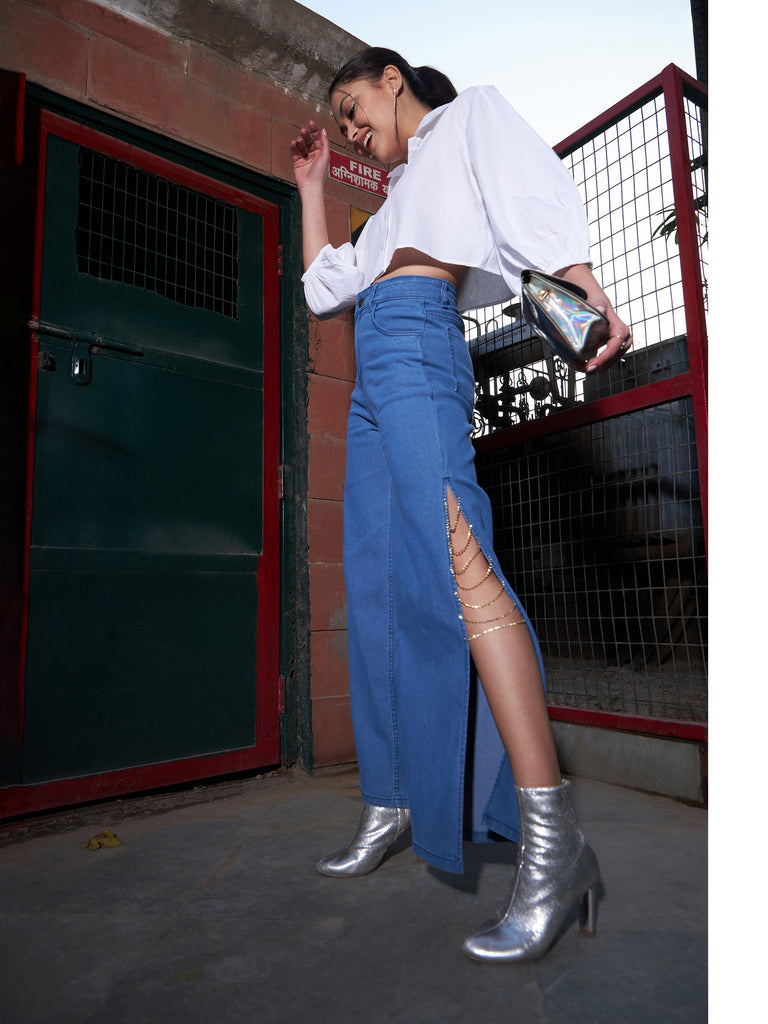 Women's Blue Diamante Side Slit Straight Jeans