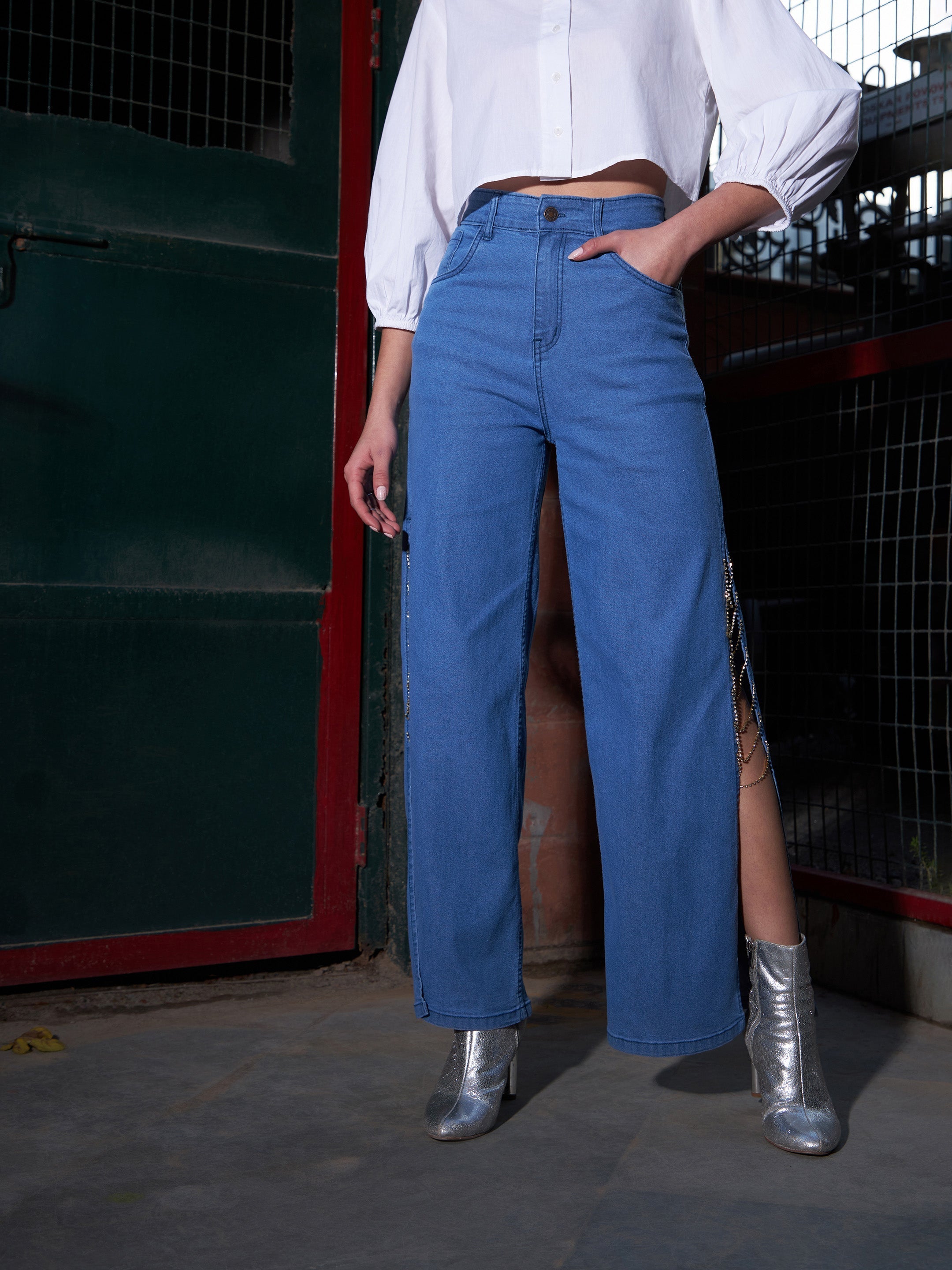 Women's Blue Diamante Side Slit Straight Jeans - SASSAFRAS