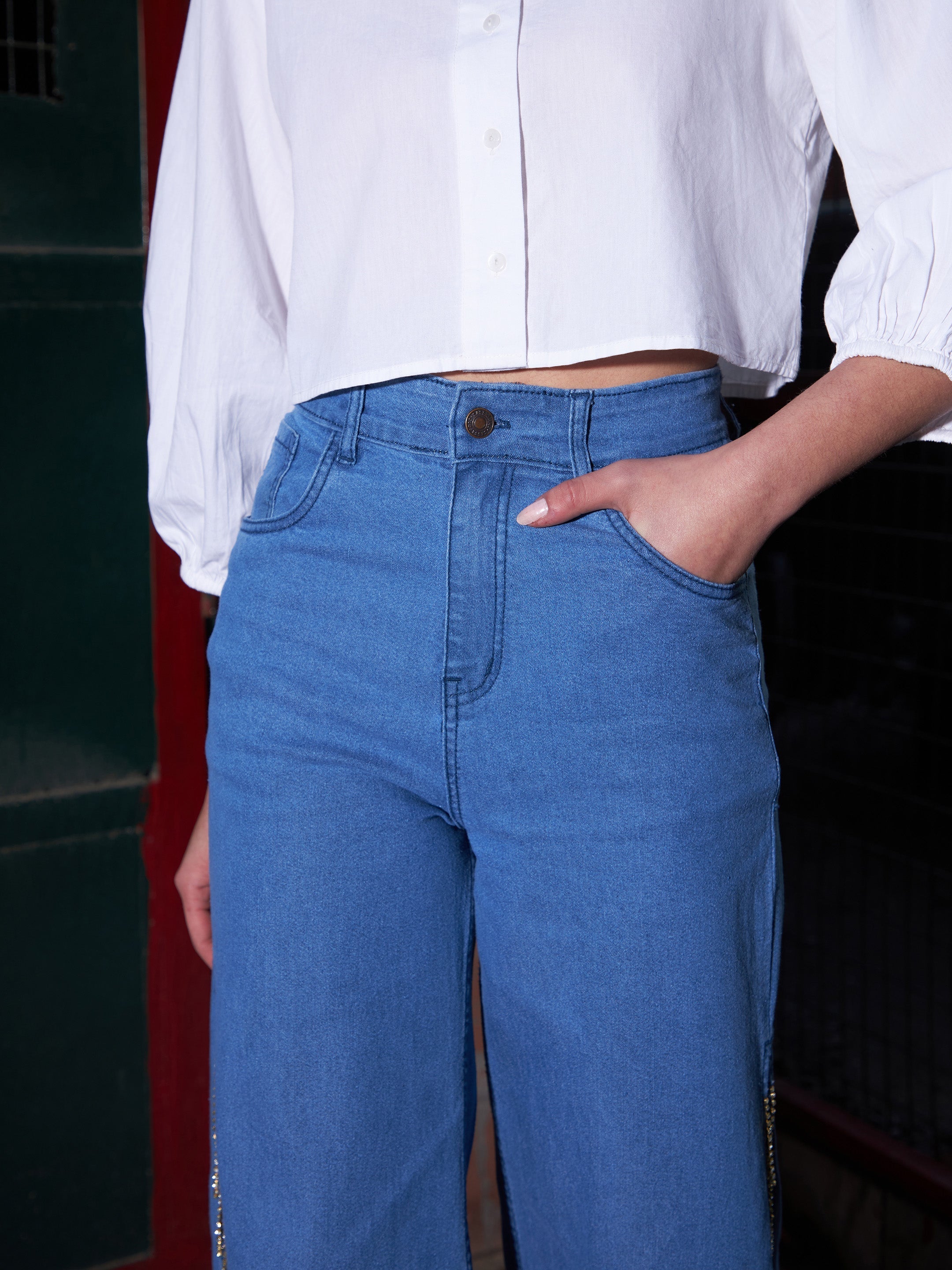 Women's Blue Diamante Side Slit Straight Jeans - SASSAFRAS