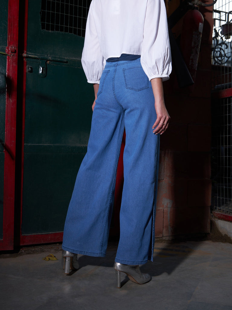 Women's Blue Diamante Side Slit Straight Jeans
