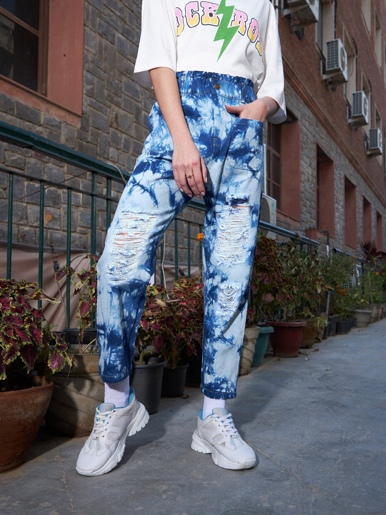 Women's Navy Tie Dye Distressed PaperBag Slouchy Jeans