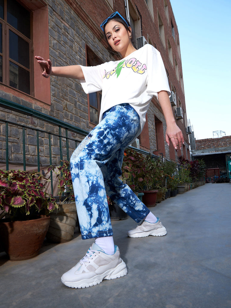 Women's Navy Tie Dye Distressed PaperBag Slouchy Jeans
