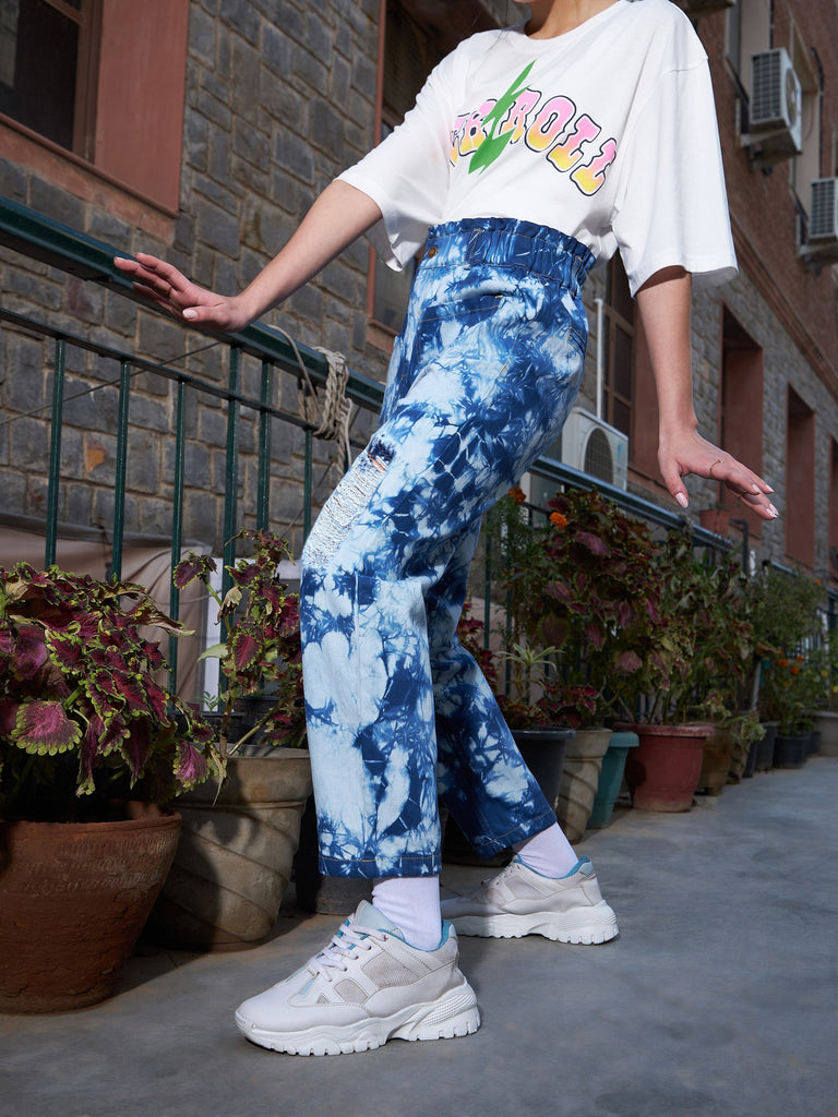 Women's Navy Tie Dye Distressed PaperBag Slouchy Jeans