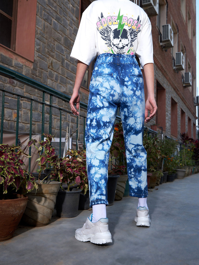 Women's Navy Tie Dye Distressed PaperBag Slouchy Jeans