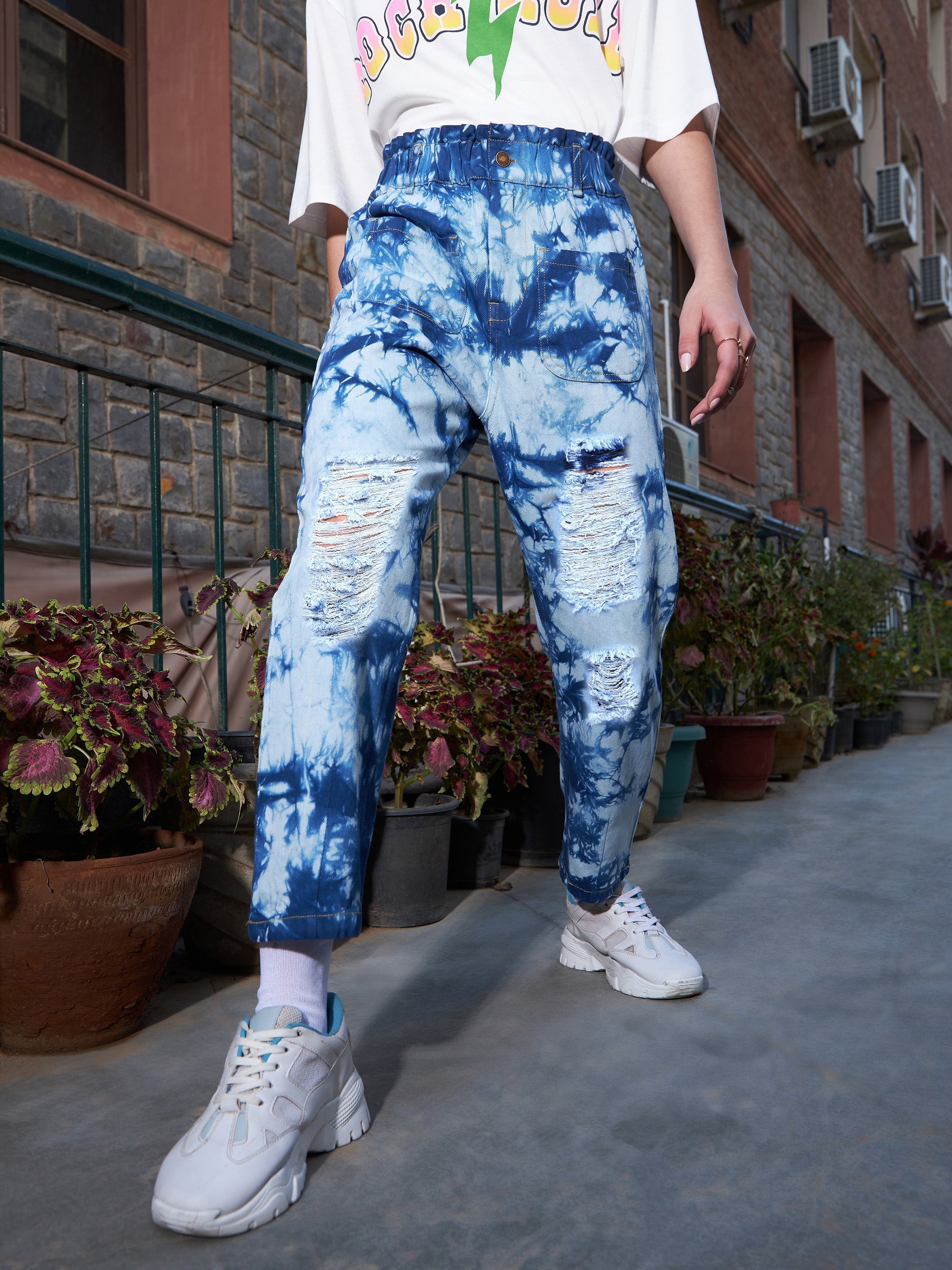 Women's Navy Tie Dye Distressed PaperBag Slouchy Jeans - SASSAFRAS