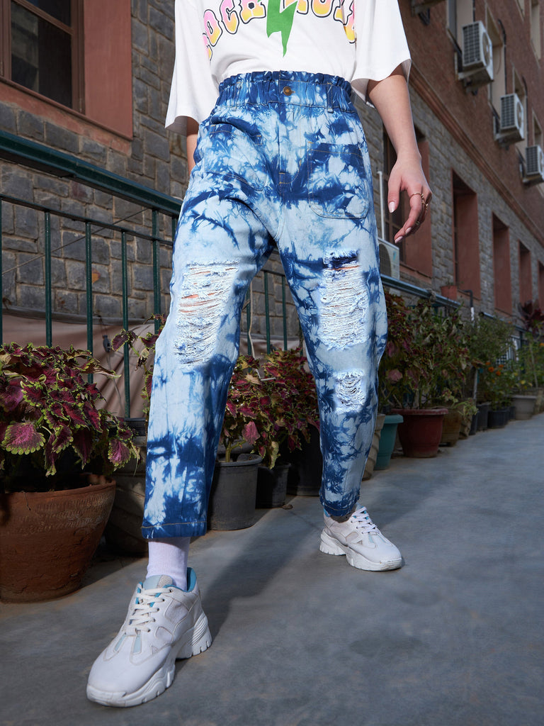 Women's Navy Tie Dye Distressed PaperBag Slouchy Jeans