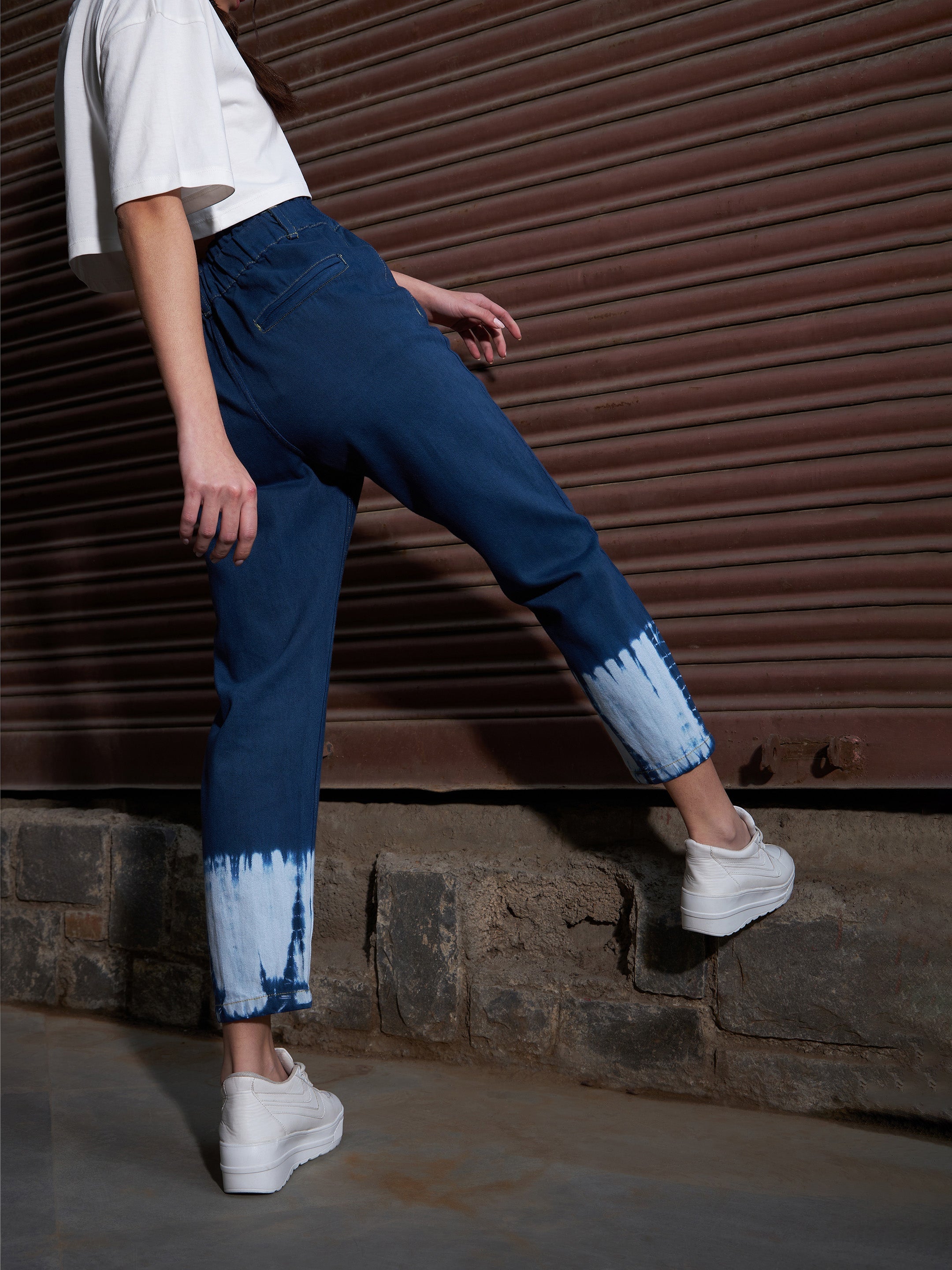 Women's Navy Tie Dye Hem PaperBag Slouchy Jeans - SASSAFRAS