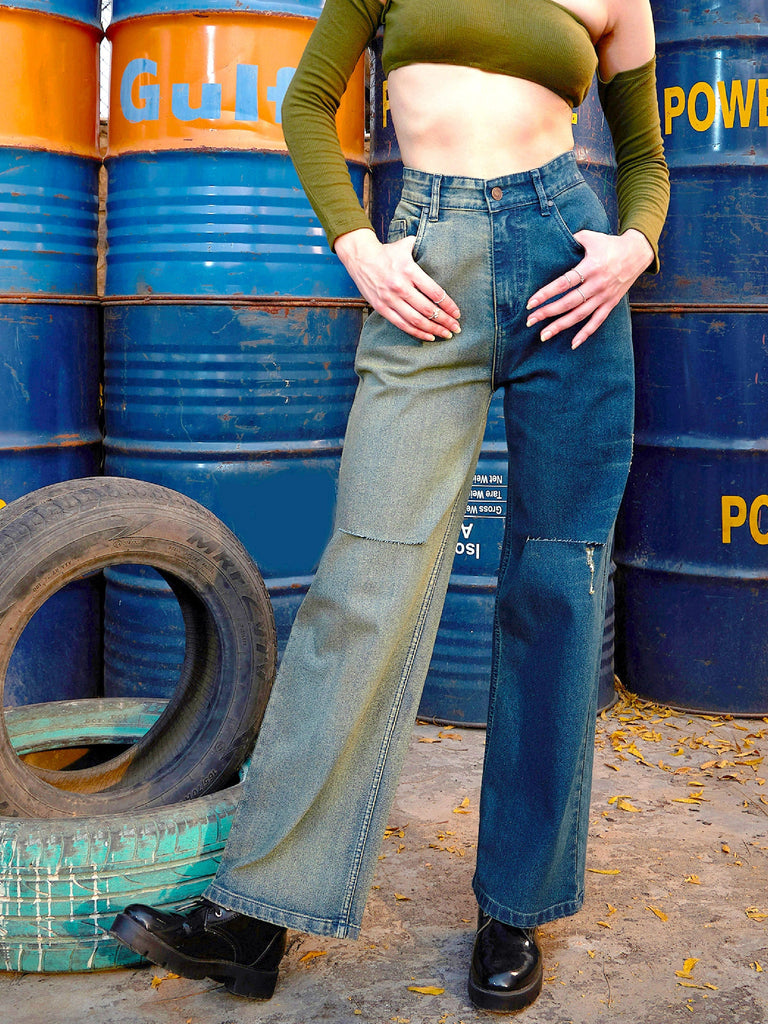 Women's Navy Colour Block Straight Jeans