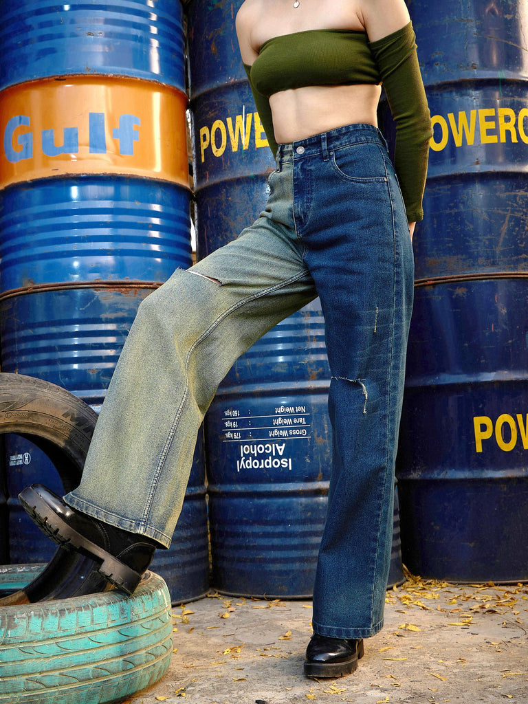 Women's Navy Colour Block Straight Jeans