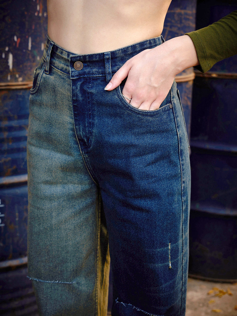 Women's Navy Colour Block Straight Jeans