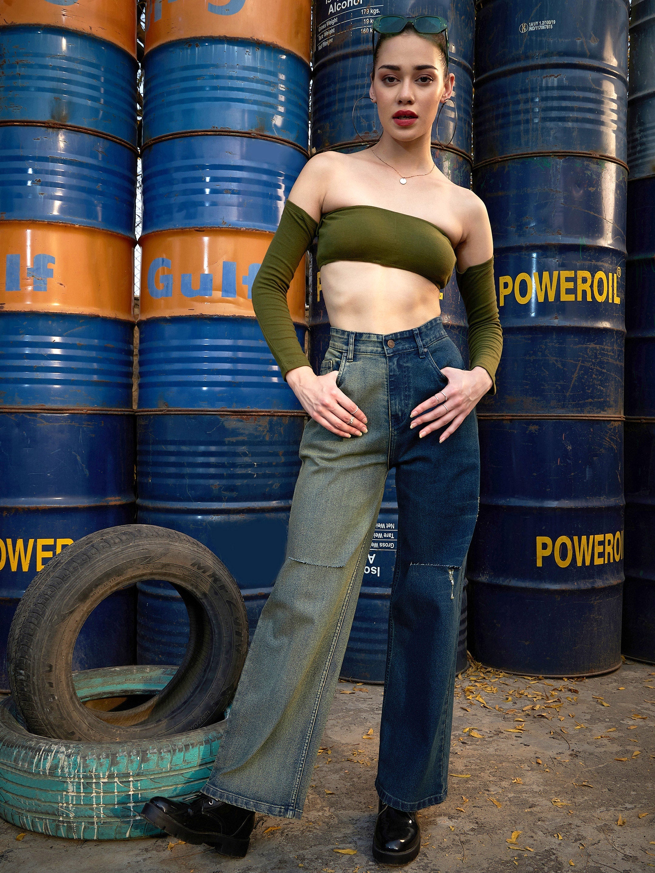 Women's Navy Colour Block Straight Jeans - SASSAFRAS