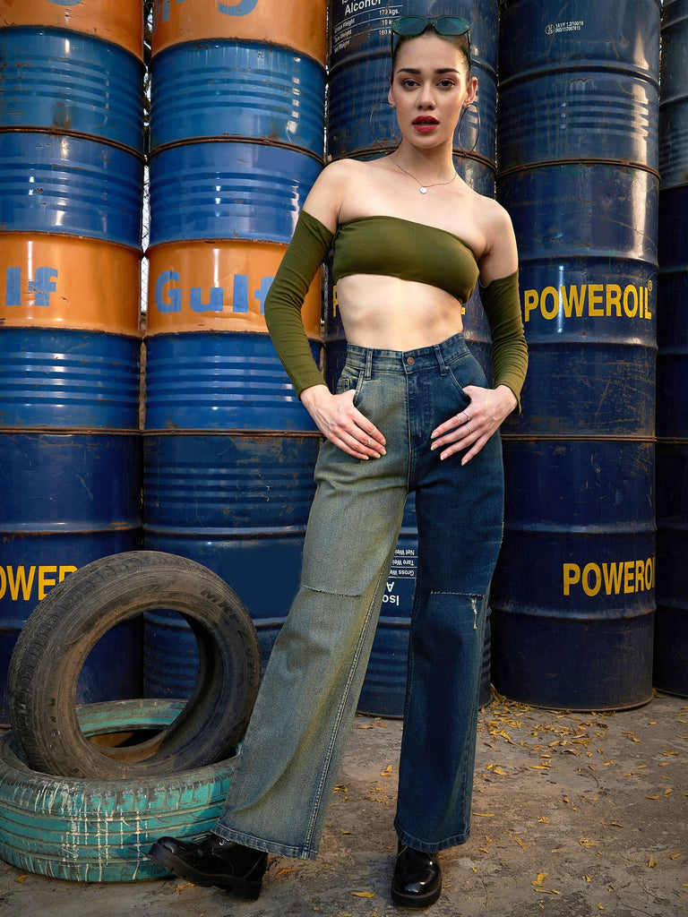 Women's Navy Colour Block Straight Jeans