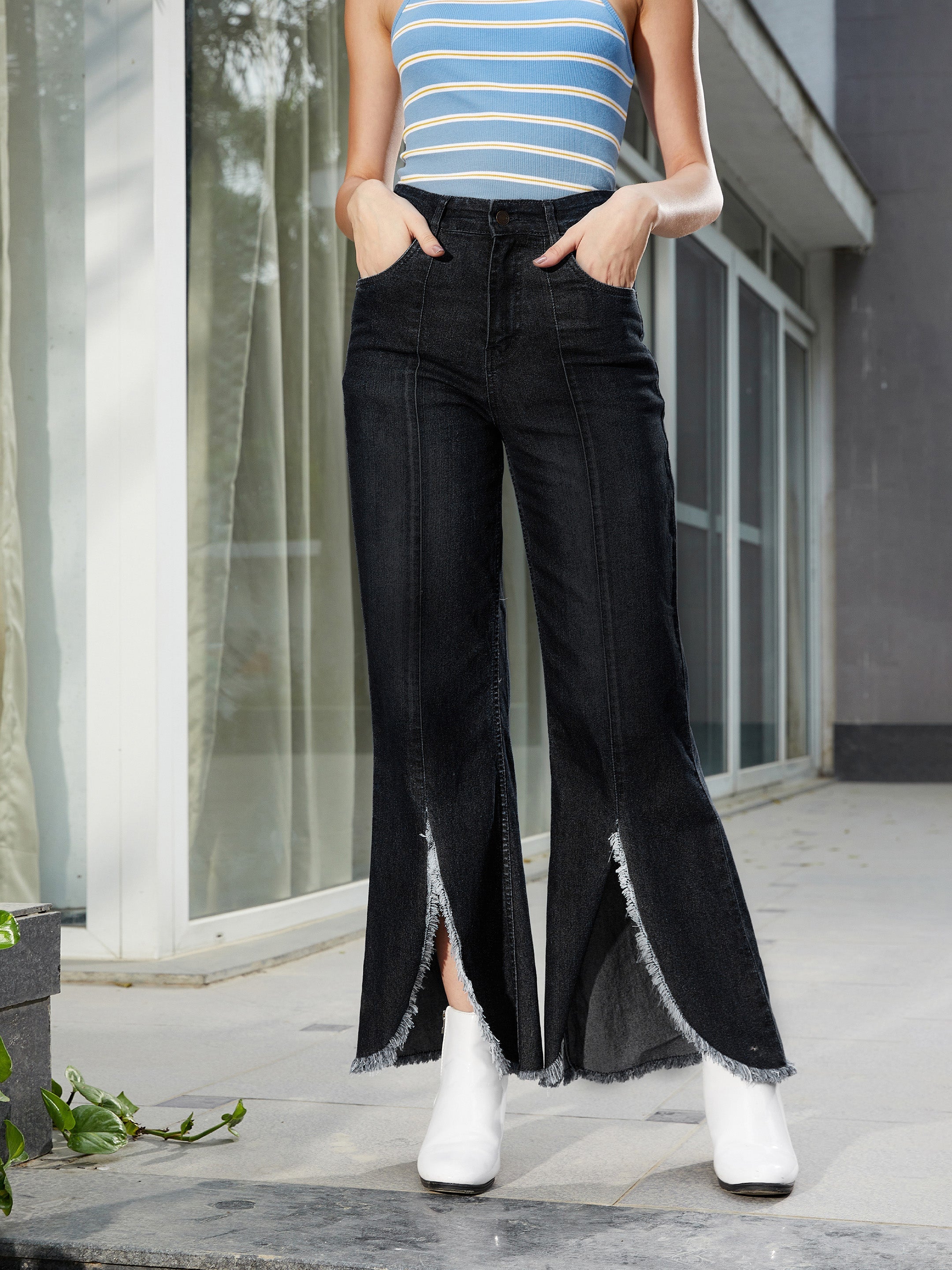 Women's Black Front Slit Bell Bottom Jeans - SASSAFRAS