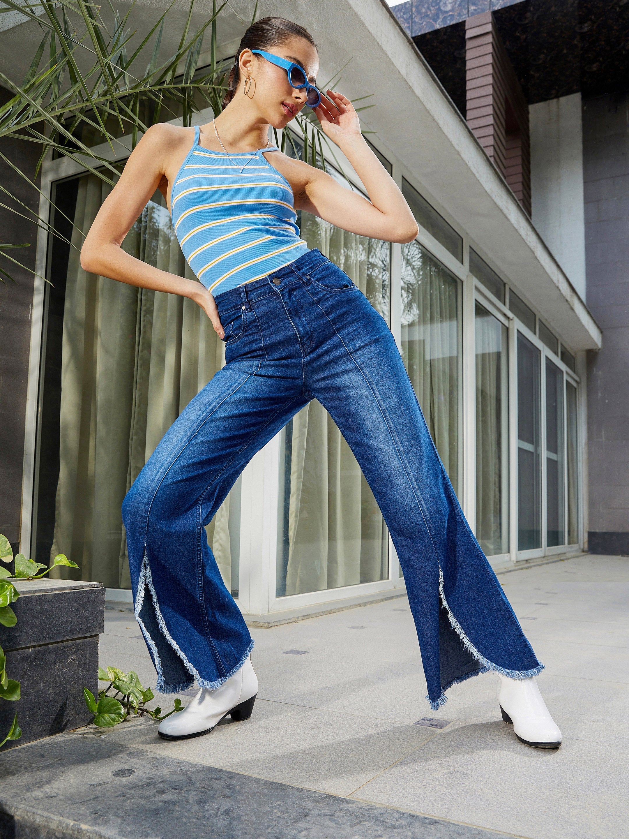 Women's Navy Front Slit Bell Bottom Jeans - SASSAFRAS