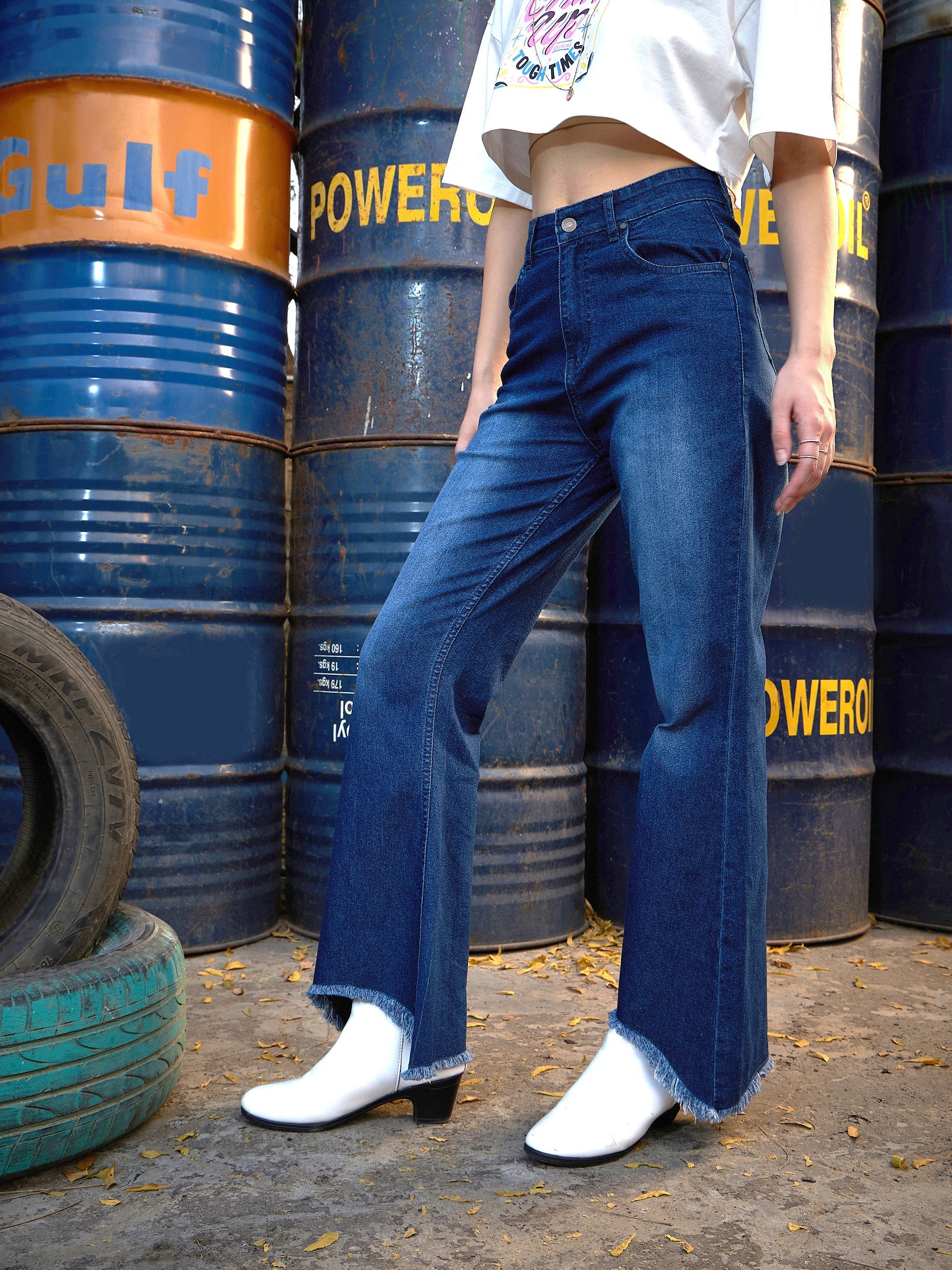 Women's Navy Raw Hem Bell Bottom Jeans - SASSAFRAS