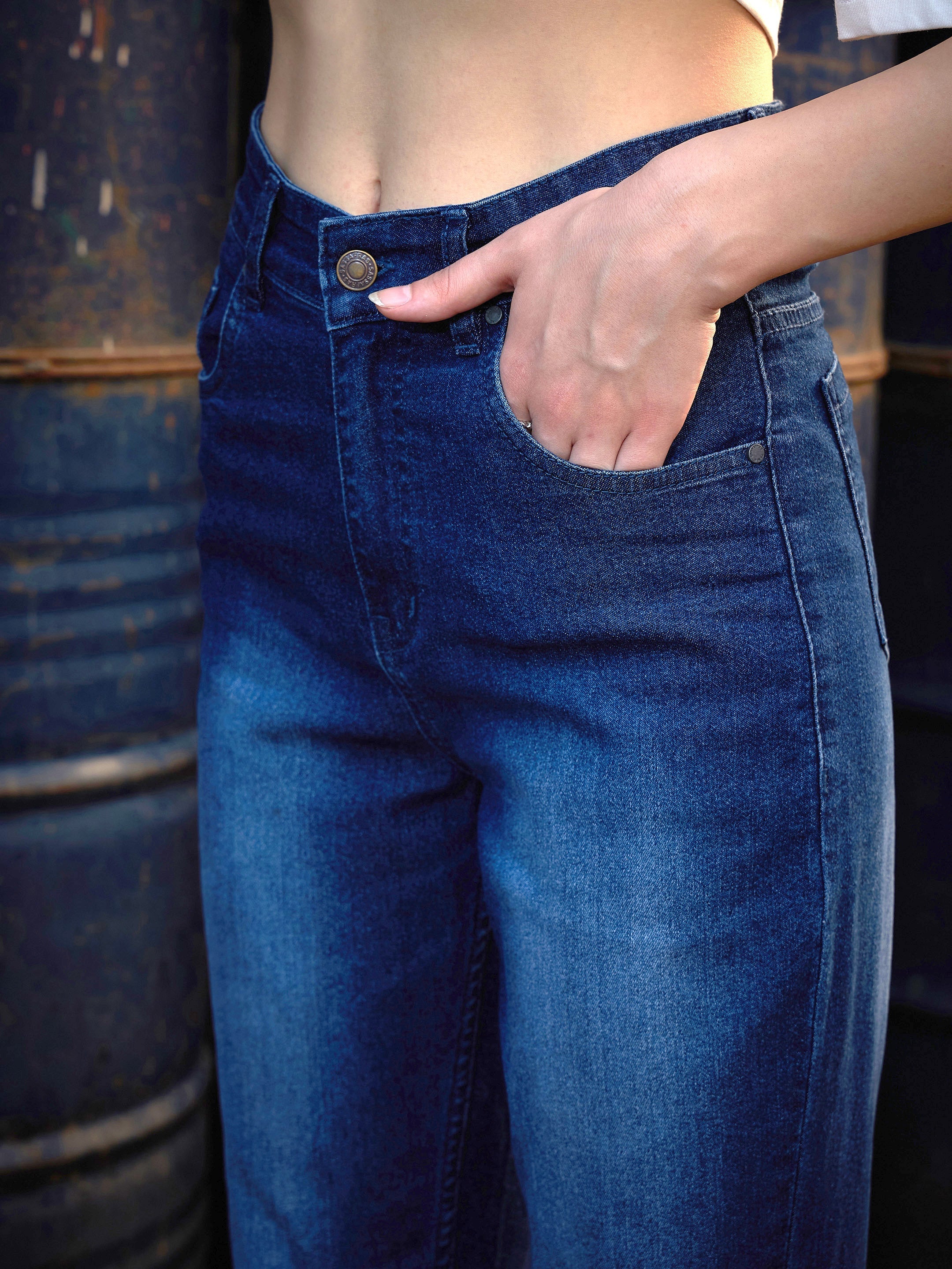 Women's Navy Raw Hem Bell Bottom Jeans - SASSAFRAS