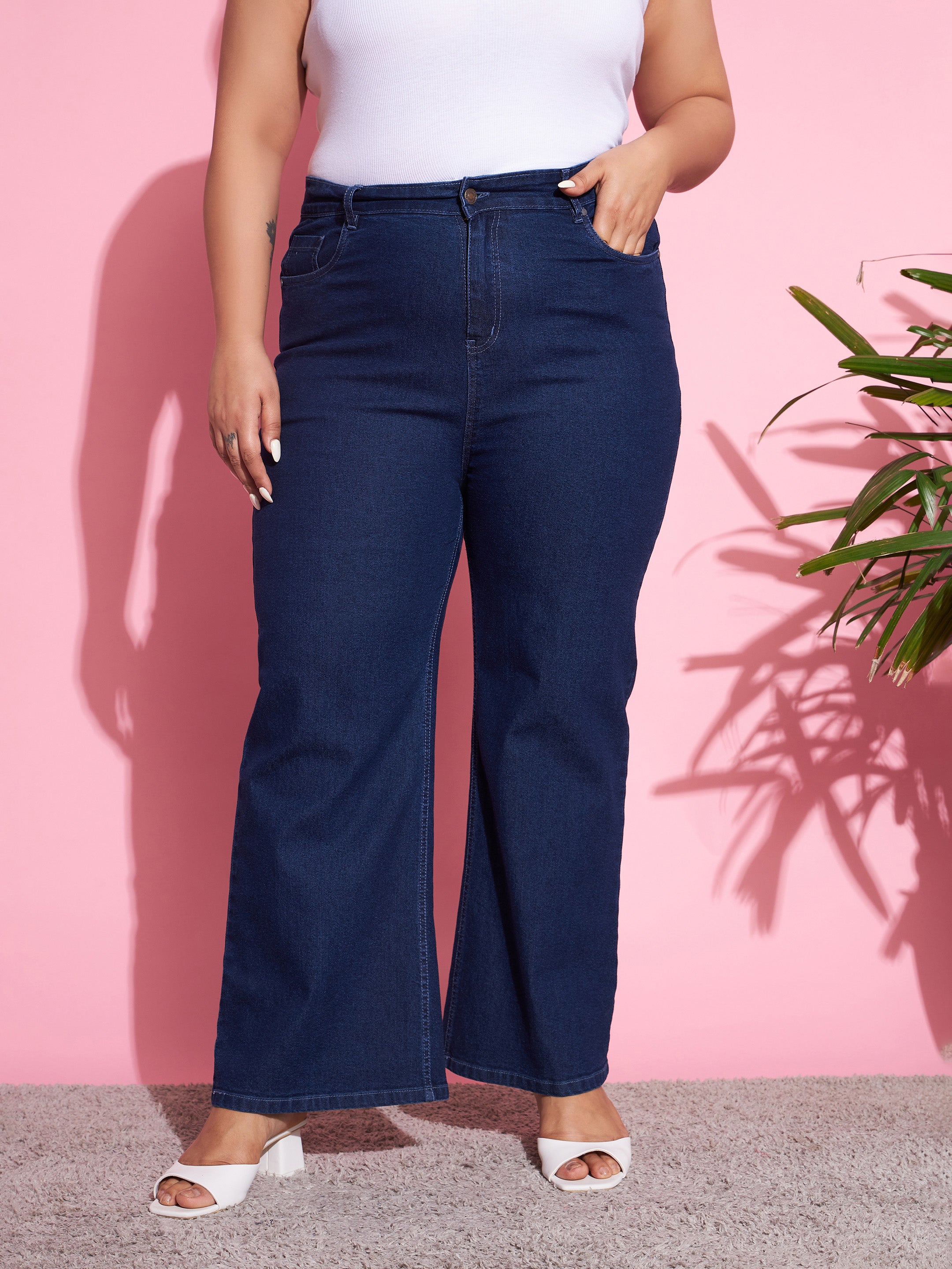 Women's Navy Wash Denim Bell Bottom Jeans - SASSAFRAS