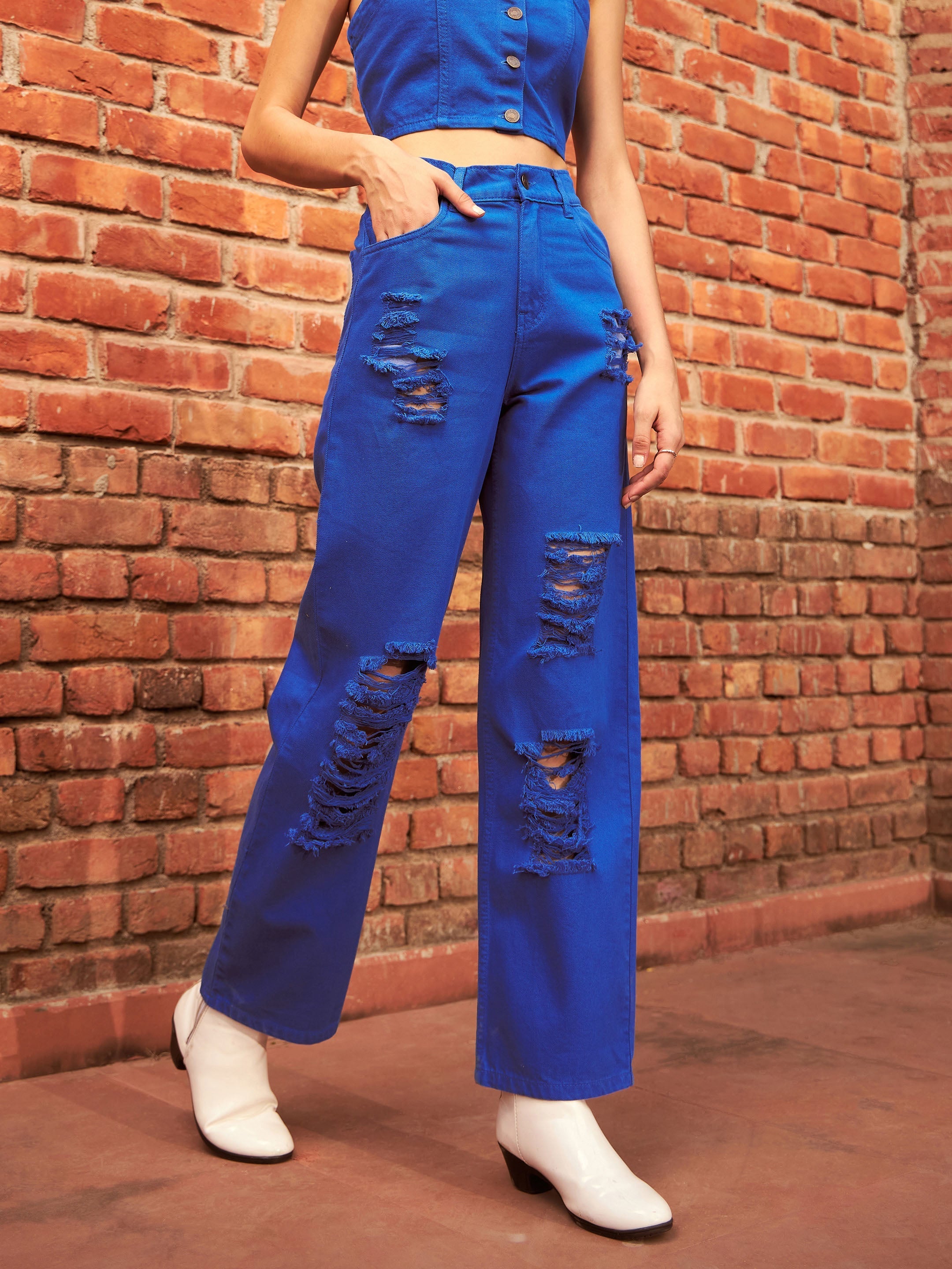 Women's Royal Blue Heavy Distress Straight Jeans - SASSAFRAS