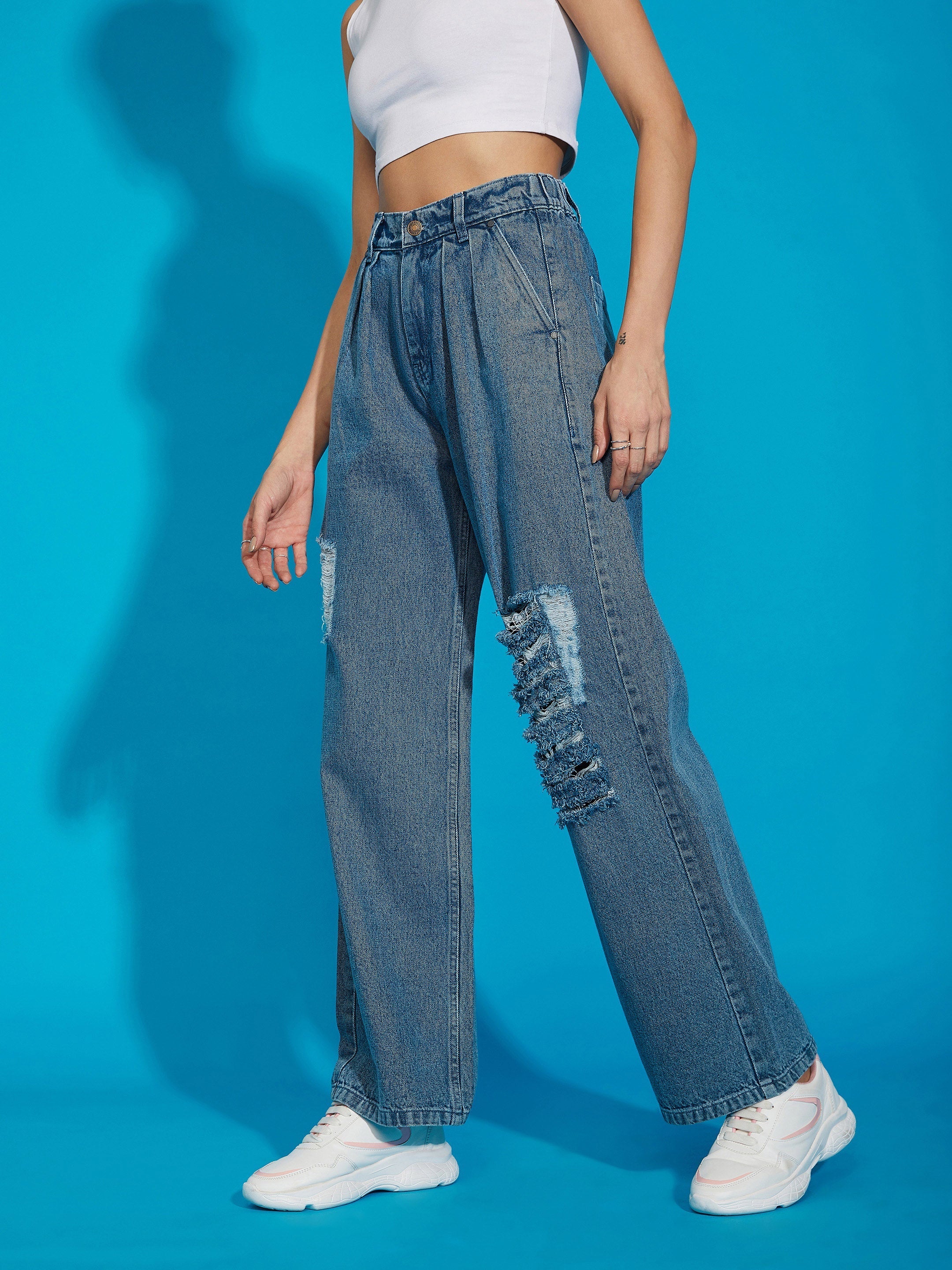 Women's Blue Wash Distress Baggy Fit Jeans - SASSAFRAS