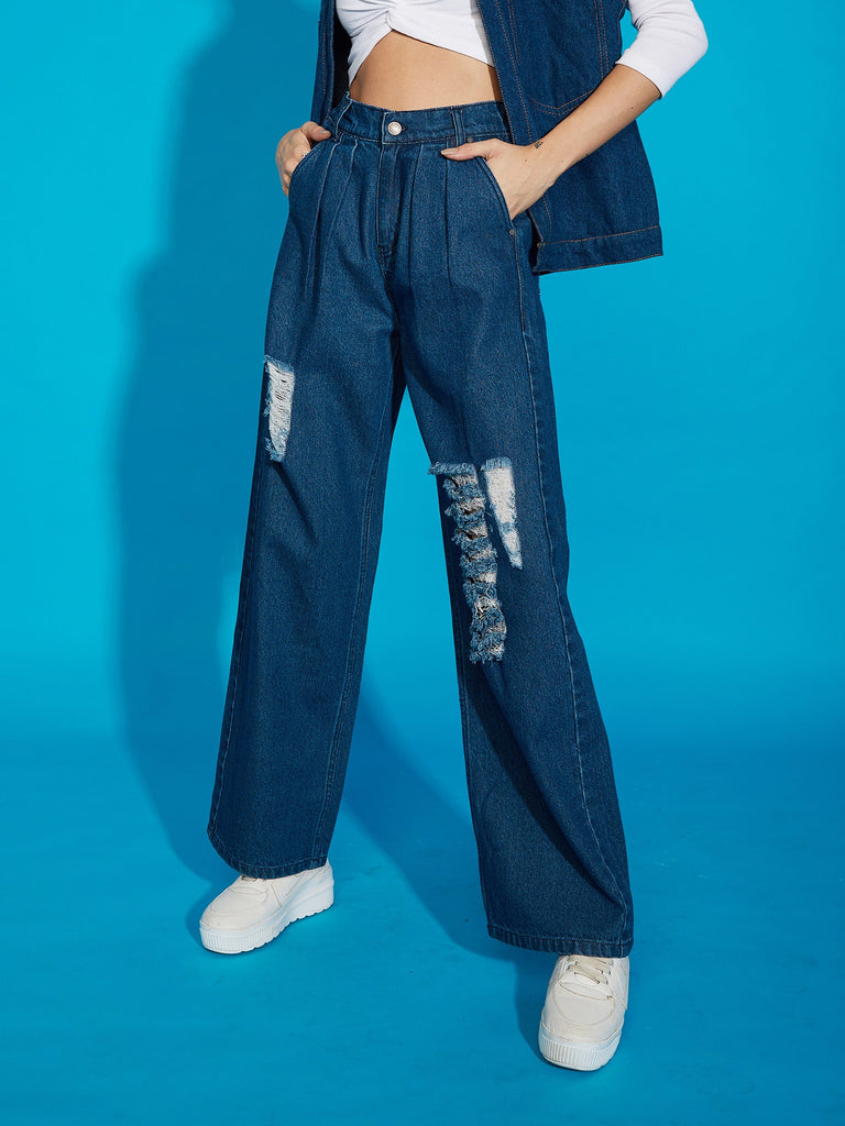 Women's Navy Wash Distress Baggy Fit Jeans