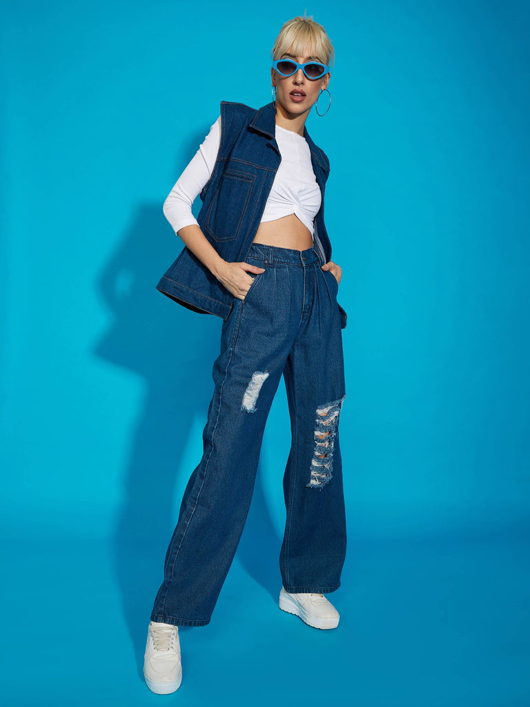 Women's Navy Wash Distress Baggy Fit Jeans