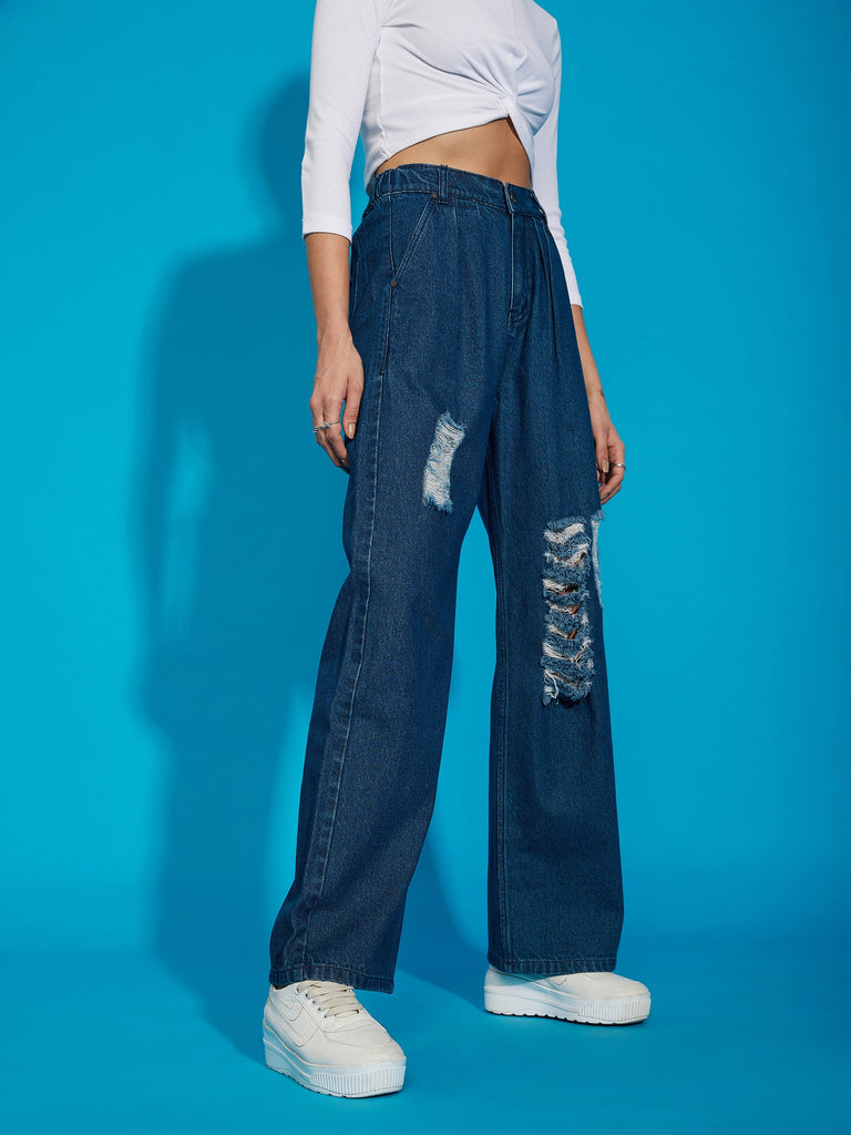 Women's Navy Wash Distress Baggy Fit Jeans
