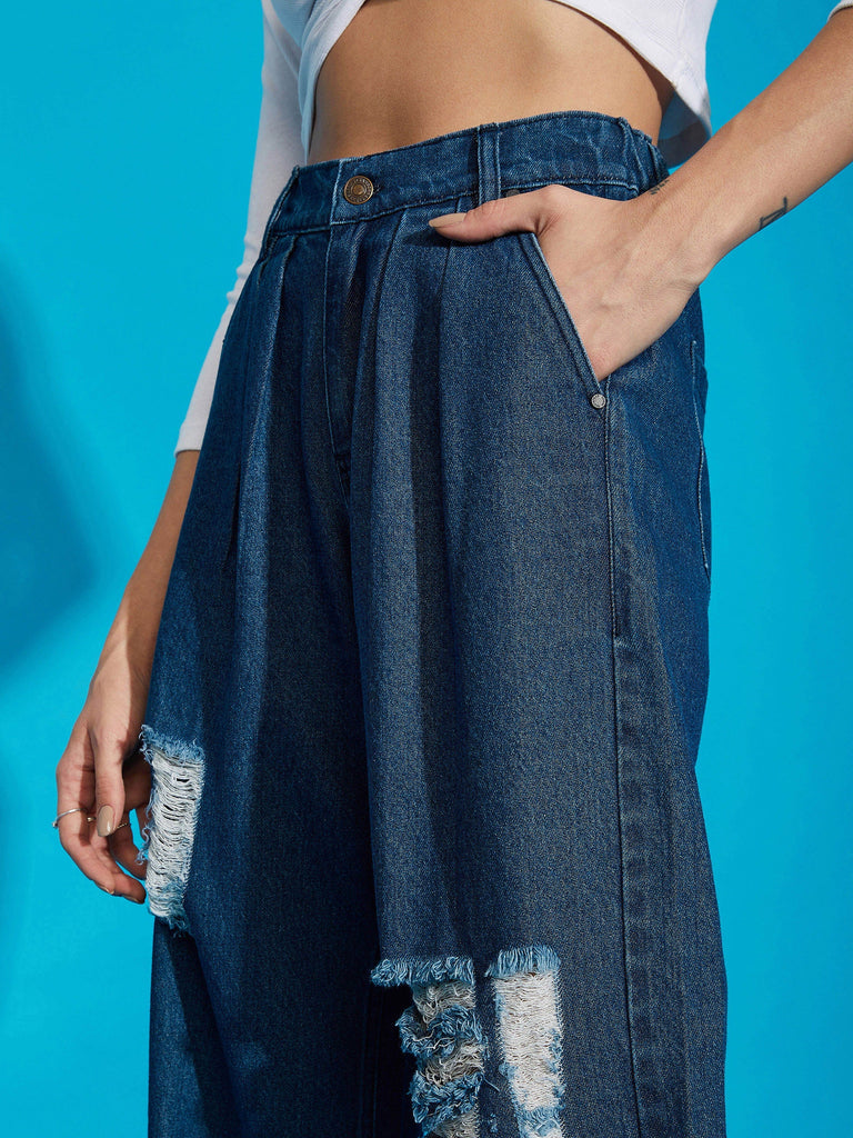Women's Navy Wash Distress Baggy Fit Jeans
