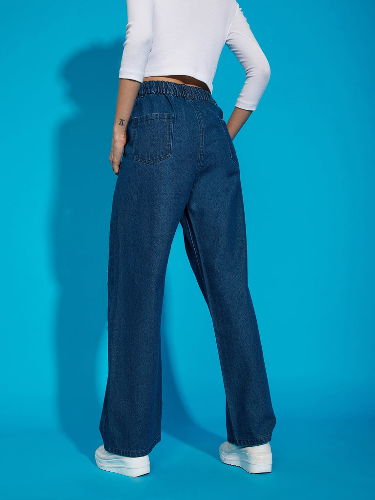 Women's Navy Wash Distress Baggy Fit Jeans