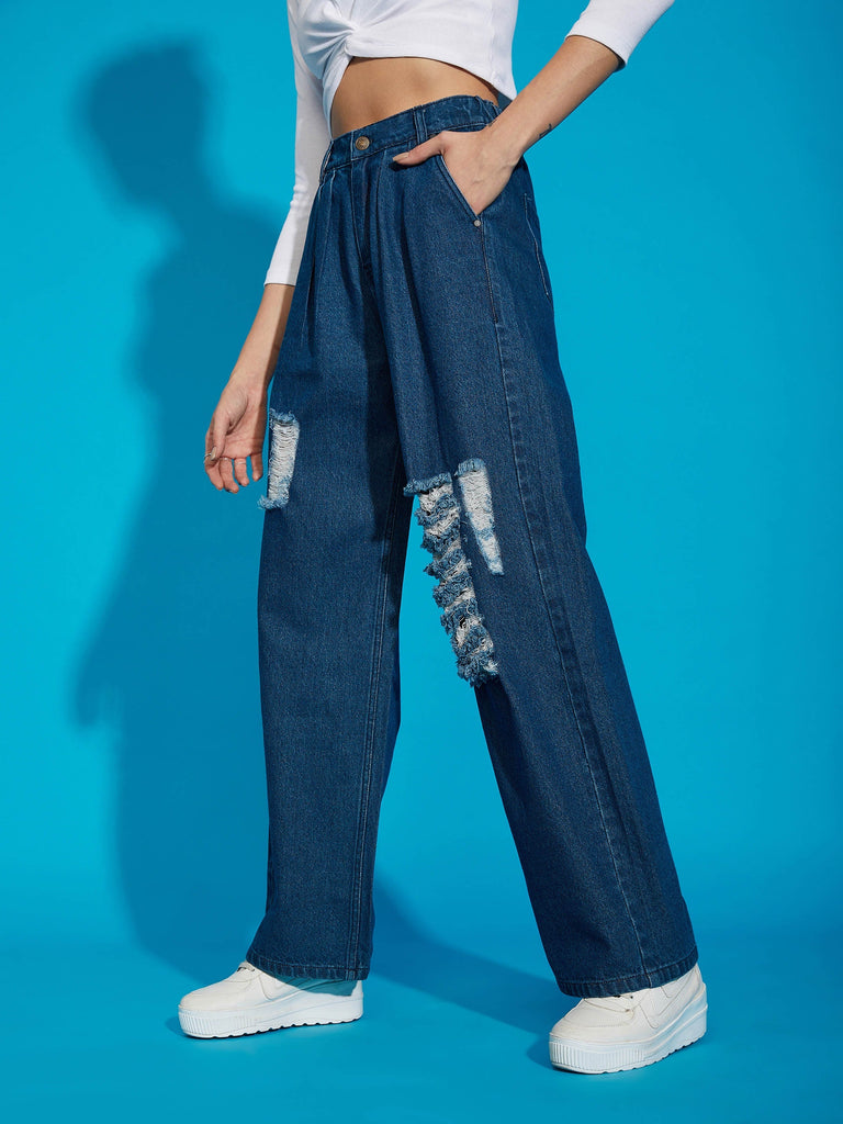 Women's Navy Wash Distress Baggy Fit Jeans