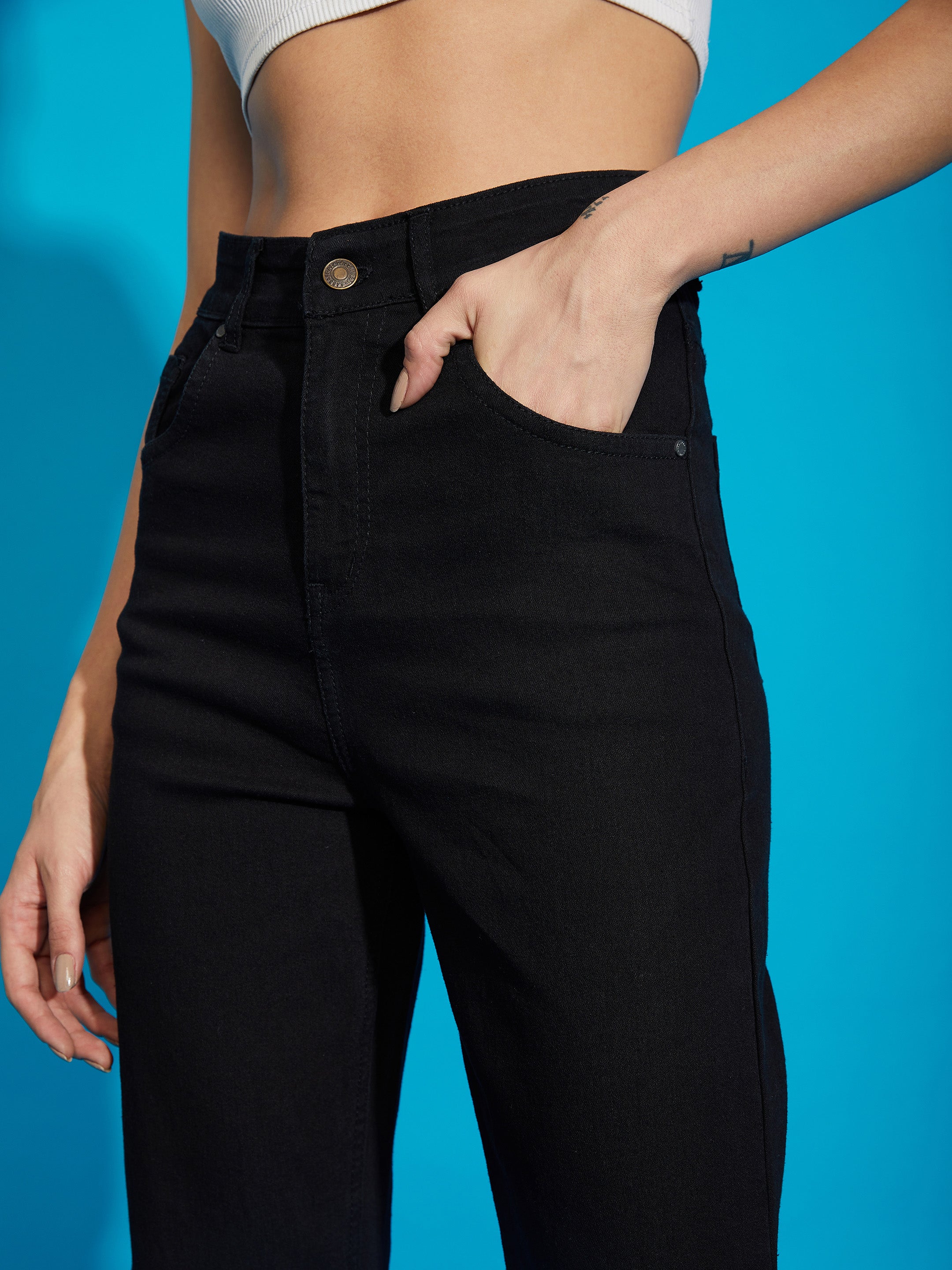 Women's Black Premium Back Print Bell Bottom Jeans - SASSAFRAS