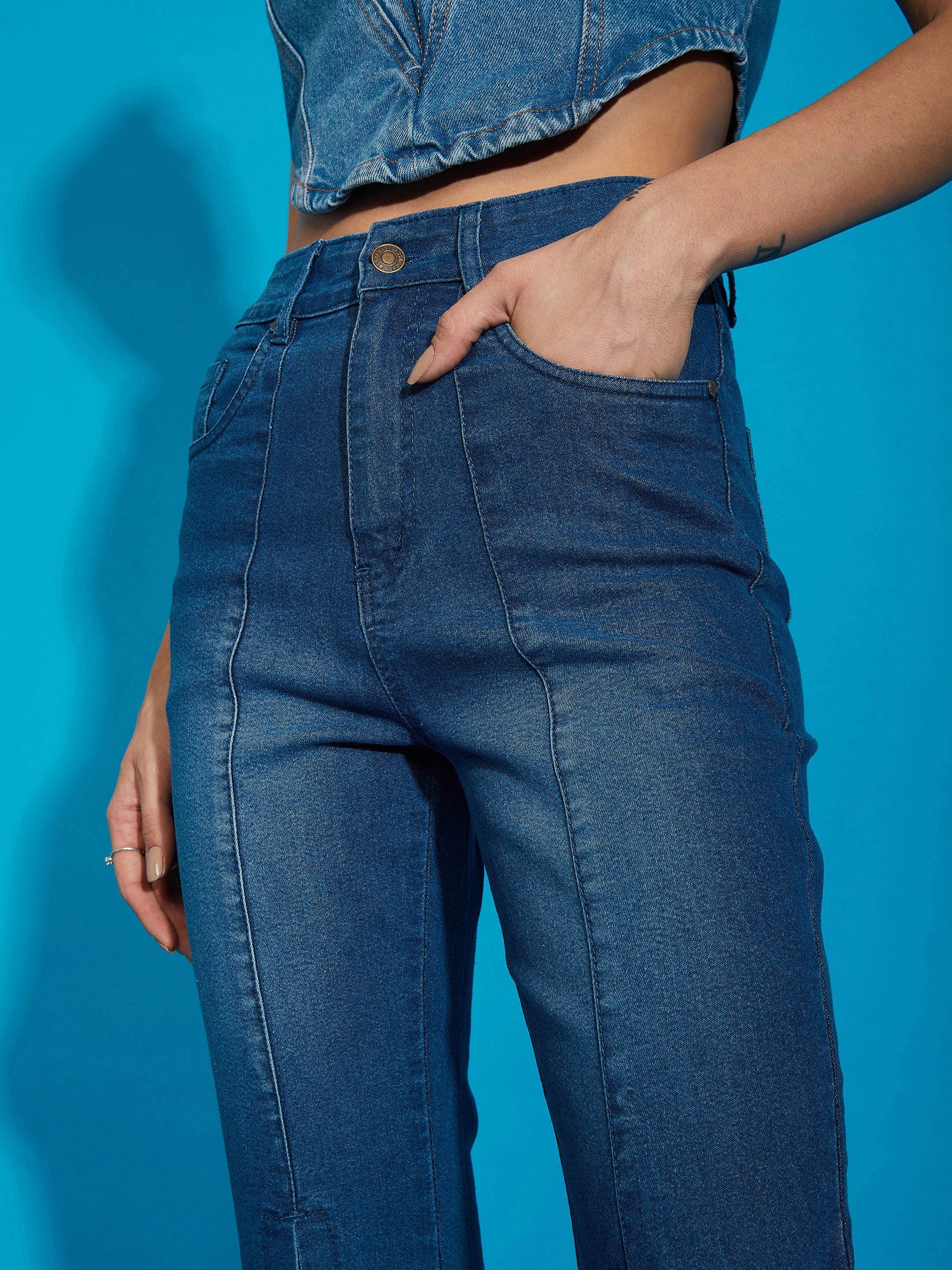 Women's Blue Wash Eyelet Detail Bell Bottom Jeans - SASSAFRAS