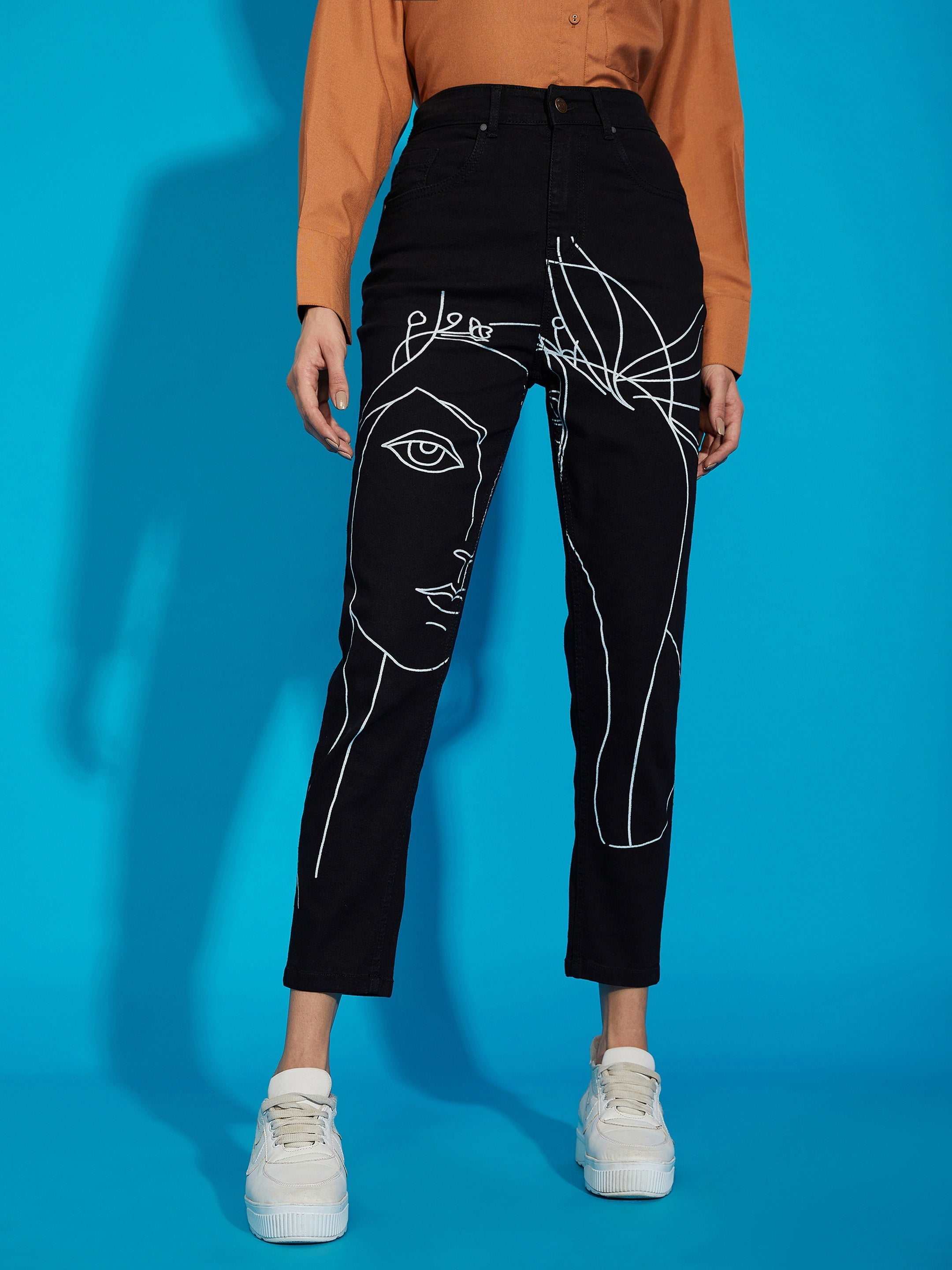 Women's Black Premium Line Art Mom Fit Jeans - SASSAFRAS