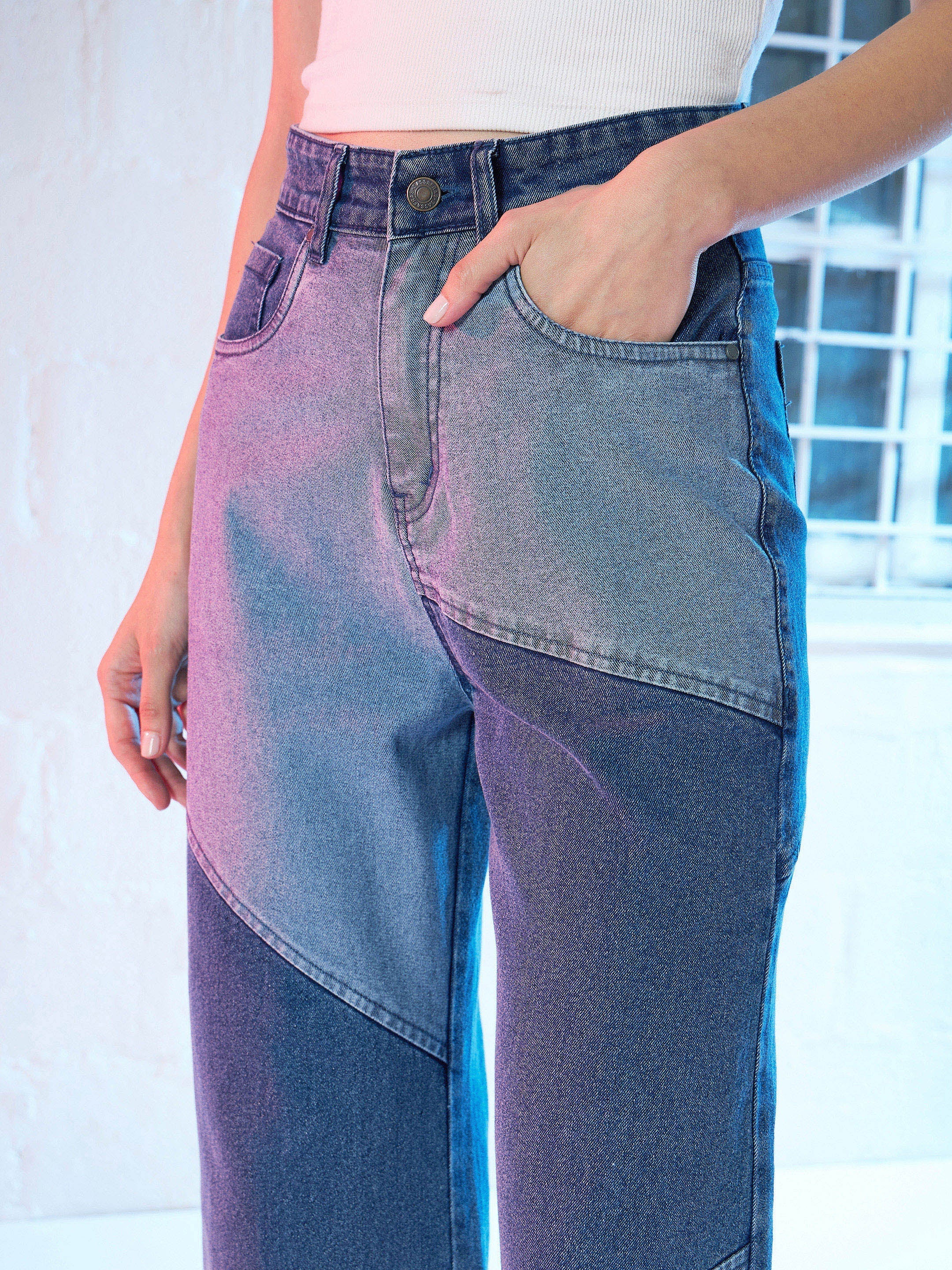 Women's Blue Colour Block Straight Fit Jeans - Lyush