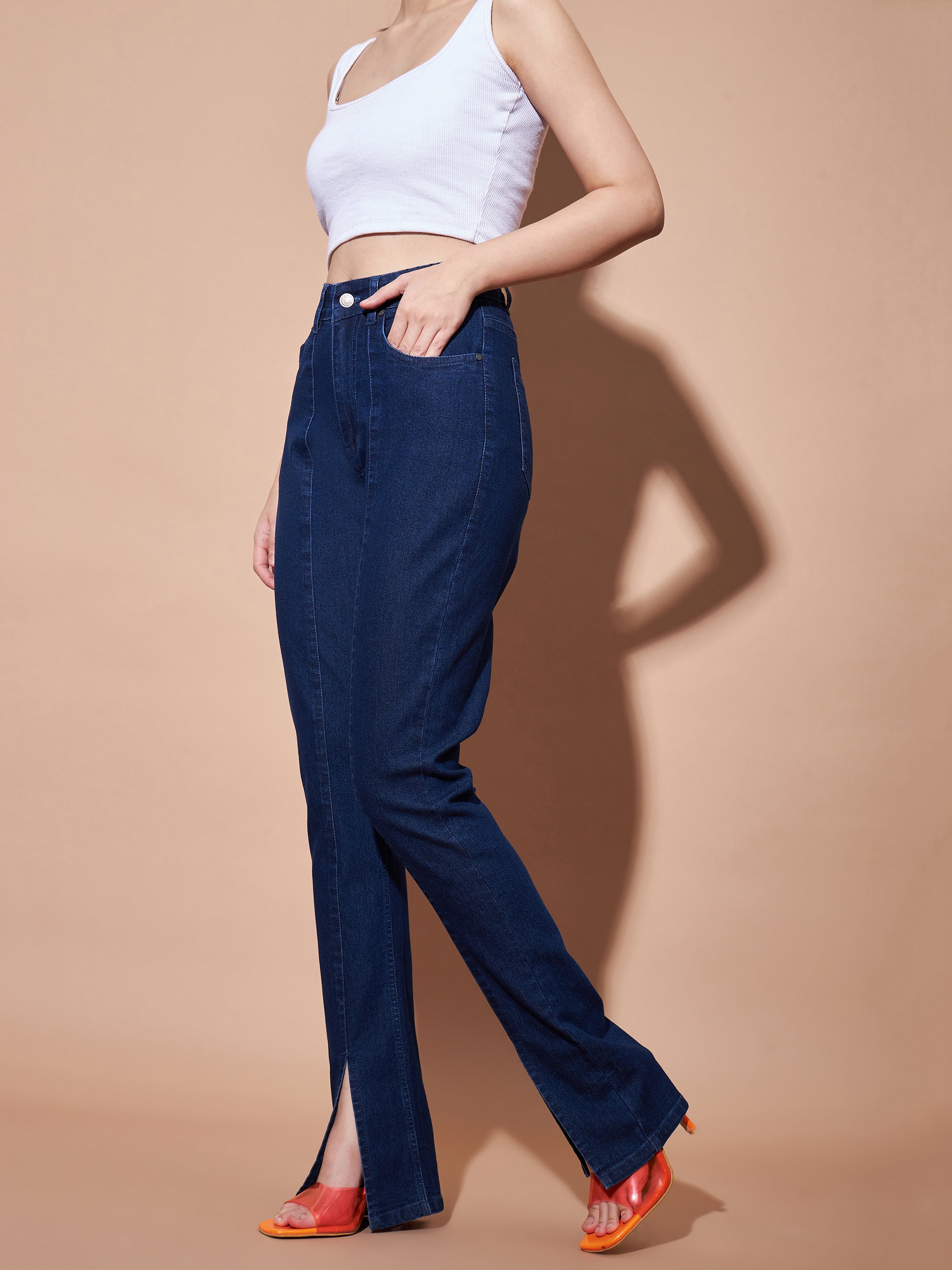 Women's Navy Mid Rise Skinny Fit Slit Jeans - Lyush