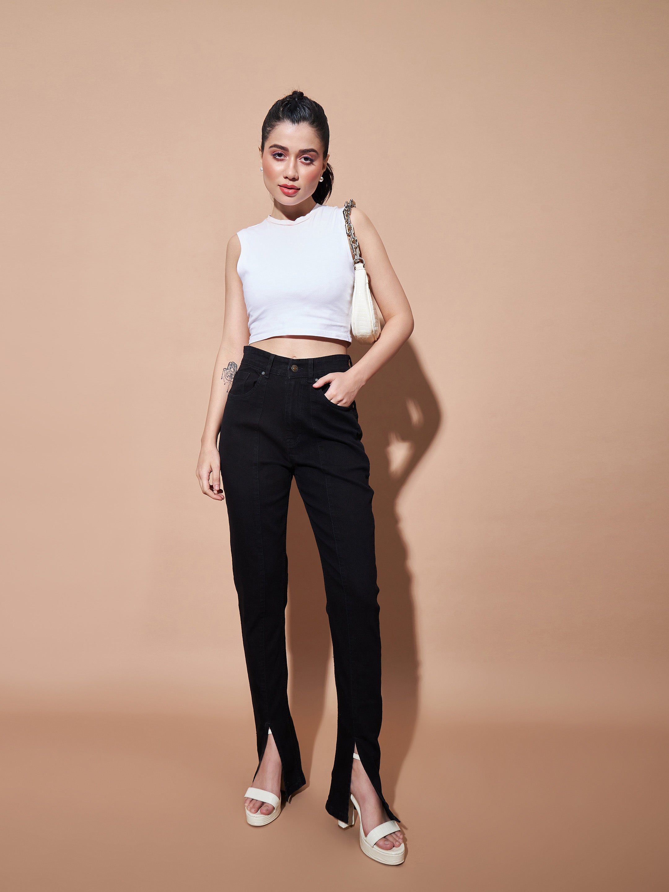 Women's Black Mid Rise Skinny Fit Slit Jeans - Lyush