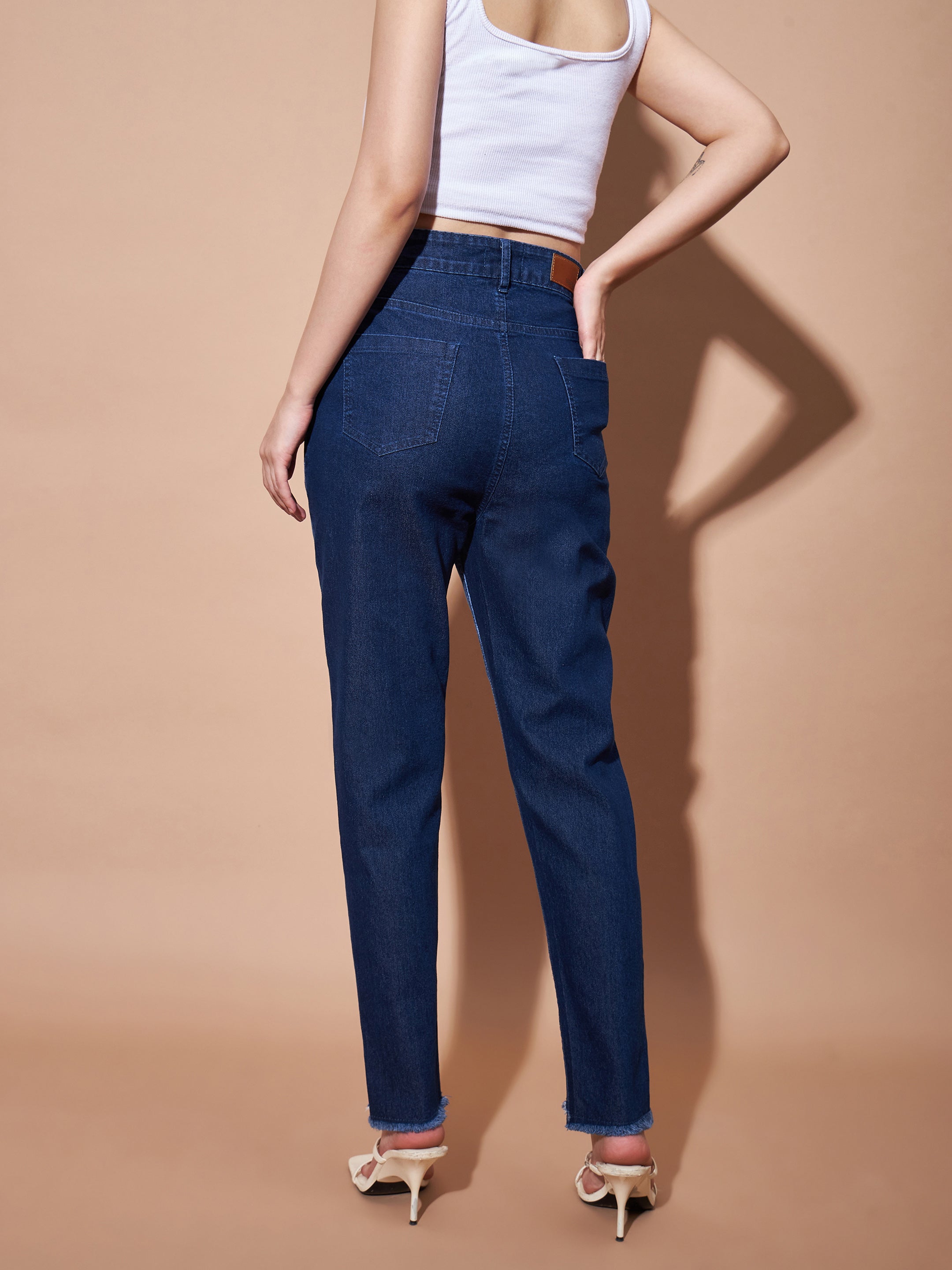 Women's Blue High Waisted Slim Fit Frayed Jeans - Lyush