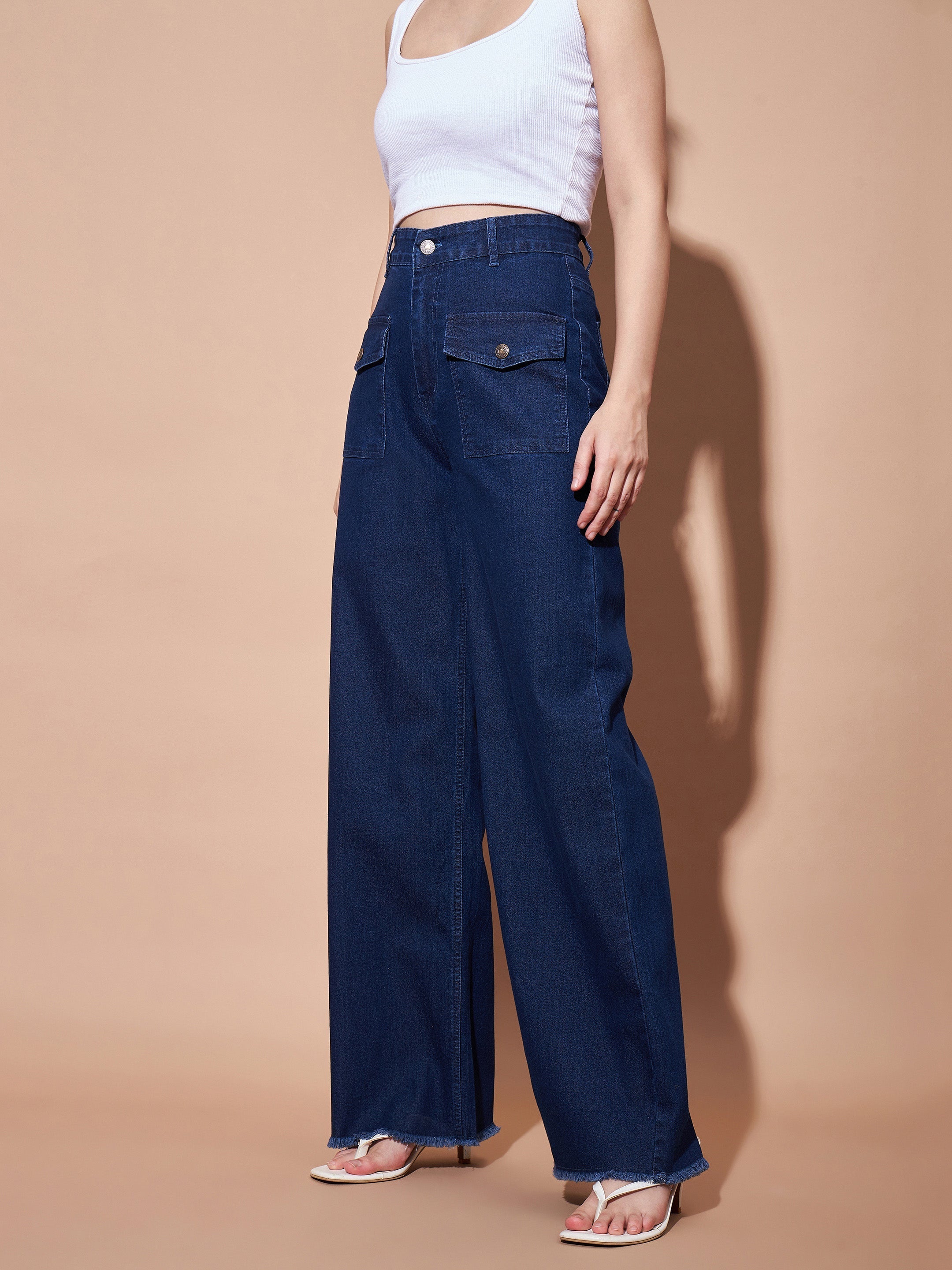 Women's Navy High Waist Flap Pocket Straight Jeans - Lyush